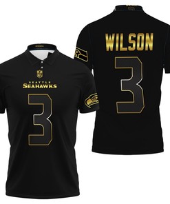 Seattle Seahawks Russell Wilson #3 NFL American Football Team Black Golden Edition Polo Shirt with 3D Design