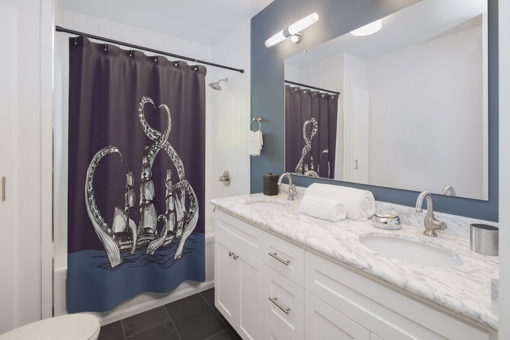 Set sail with a Kraken, Octopus, Tentacles, Pirate Ship, Boat Shower Curtain - Image 2