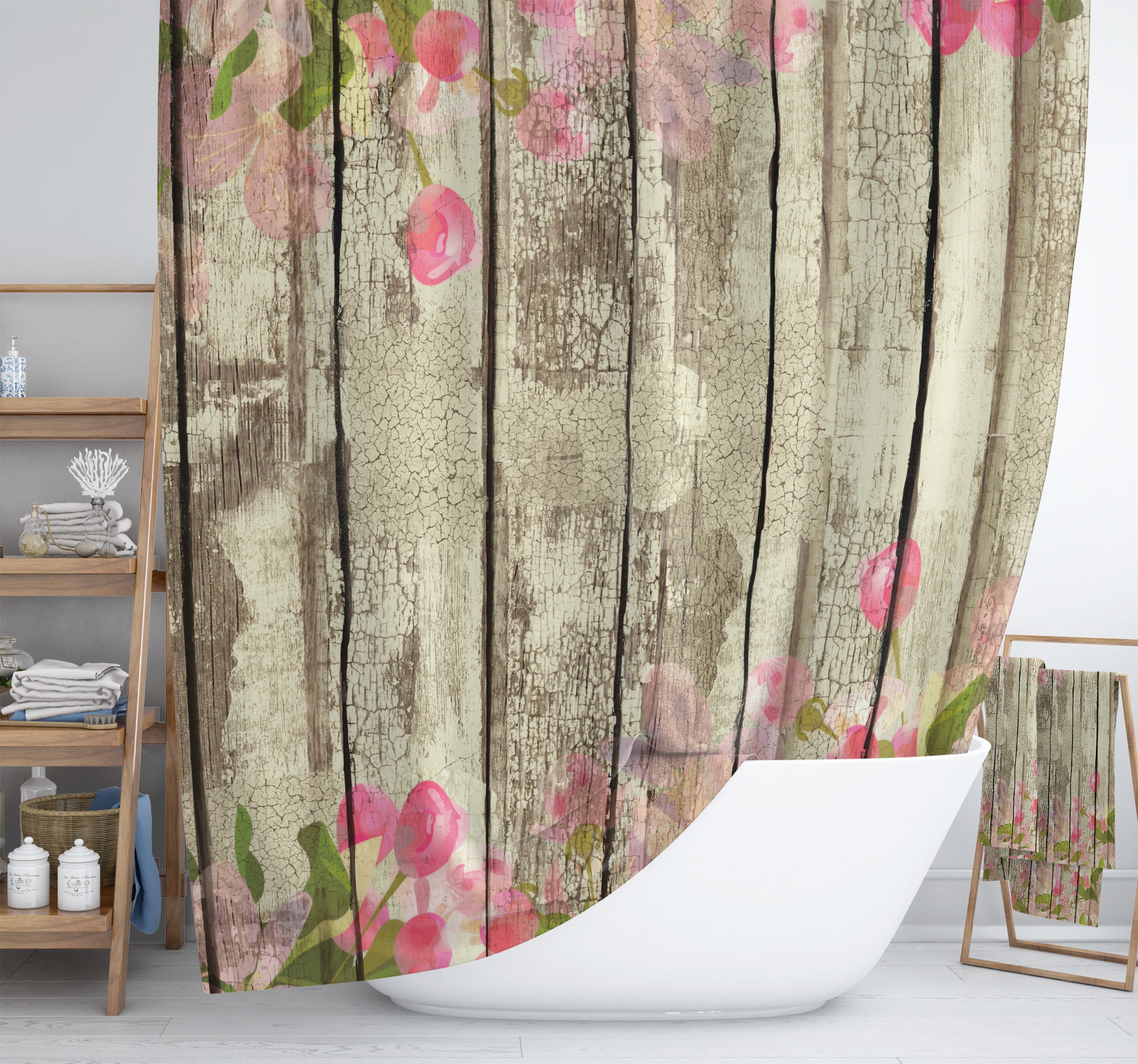 Shabby Chippy Wood Shower Curtain, Farmhouse Decor with Unique Bathtub Curtain, Bath Mat and Towels - SHOWER5