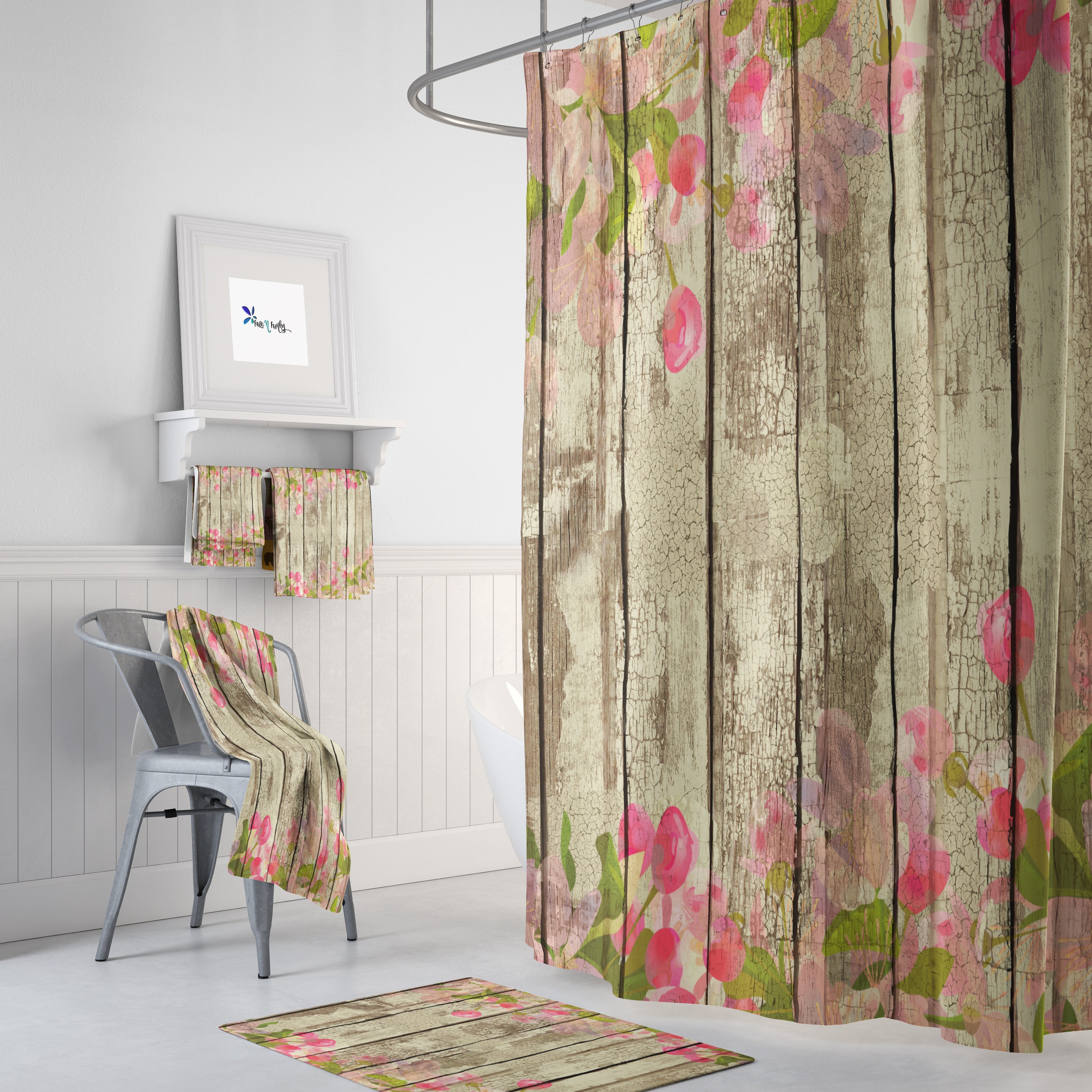 Shabby Chippy Wood Shower Curtain, Farmhouse Decor with Unique Bathtub Curtain, Bath Mat and Towels - SHOWER5 - Image 2