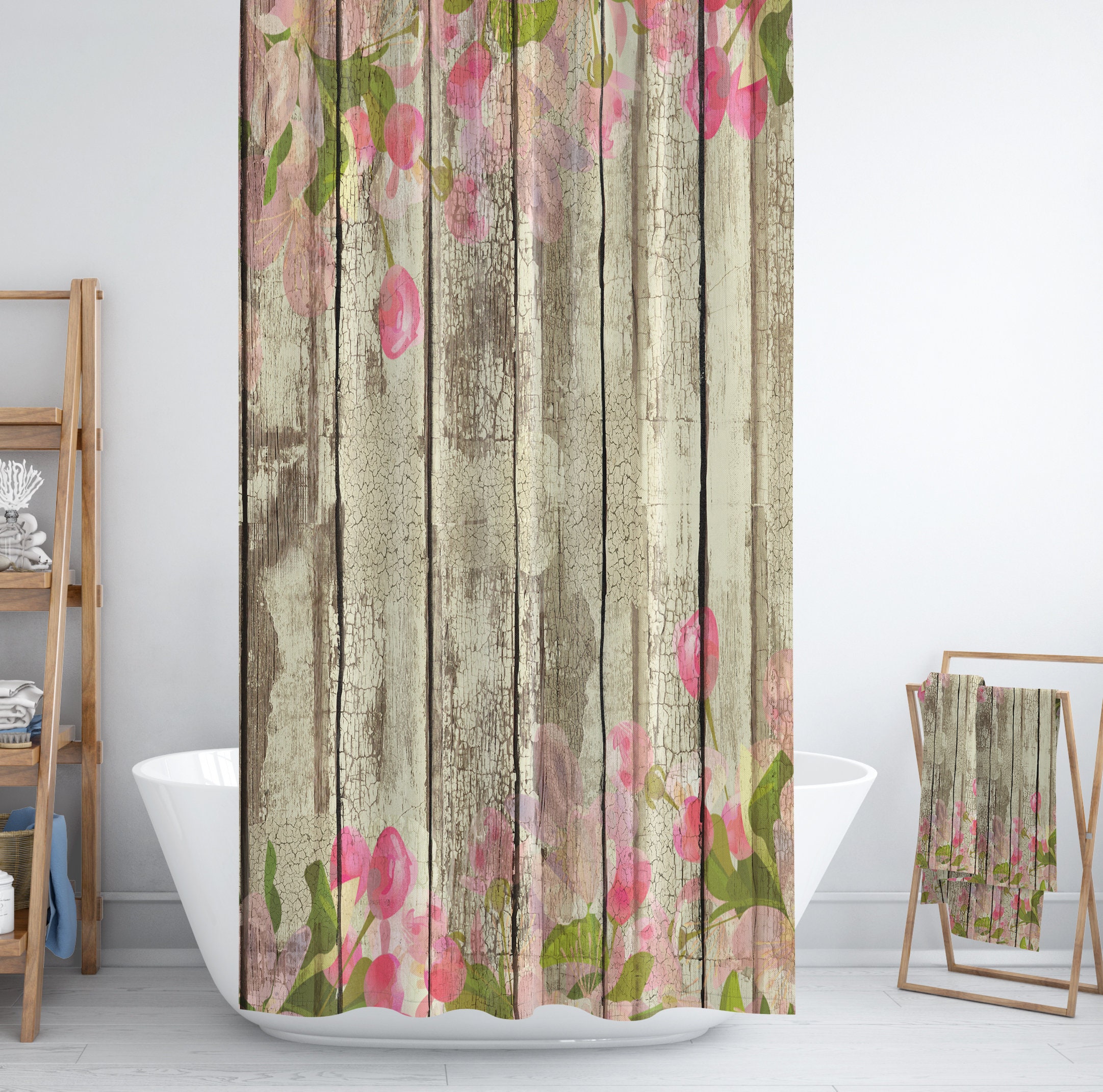 Shabby Chippy Wood Shower Curtain, Farmhouse Decor with Unique Bathtub Curtain, Bath Mat and Towels - SHOWER5 - Image 3