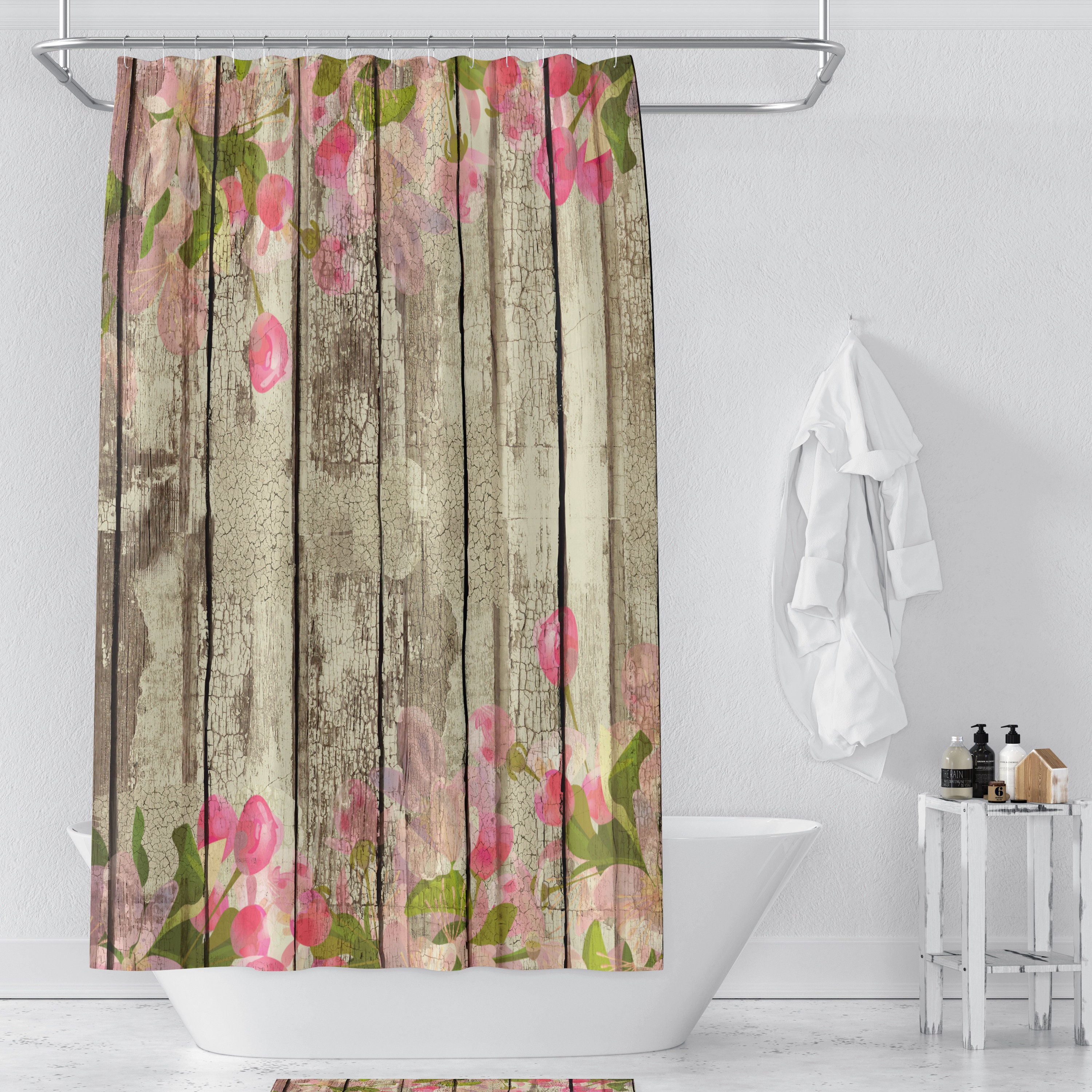Shabby Chippy Wood Shower Curtain, Farmhouse Decor with Unique Bathtub Curtain, Bath Mat and Towels - SHOWER5 - Image 4