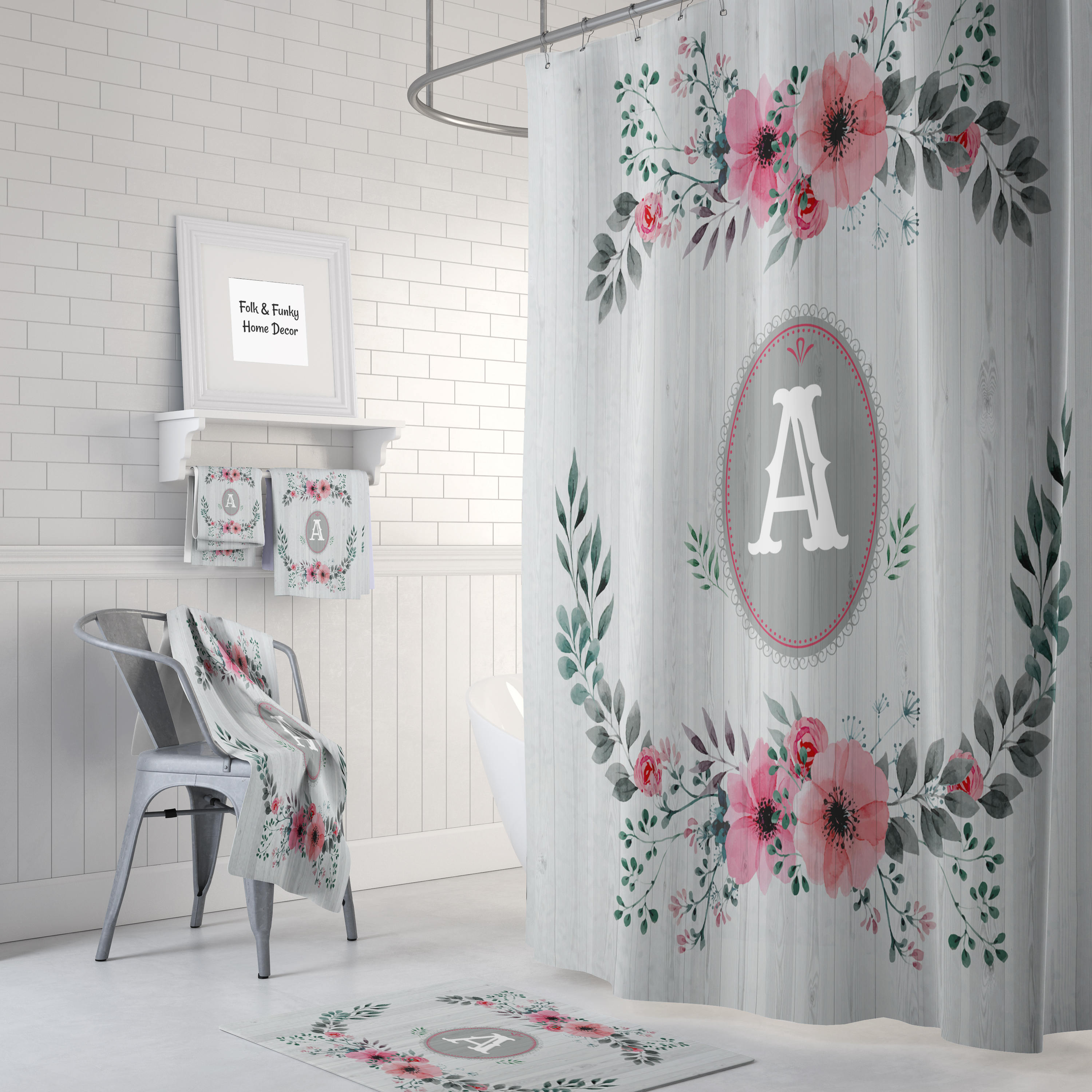 Shabby Monogram Shower Curtain Set with Custom Bathroom Decor