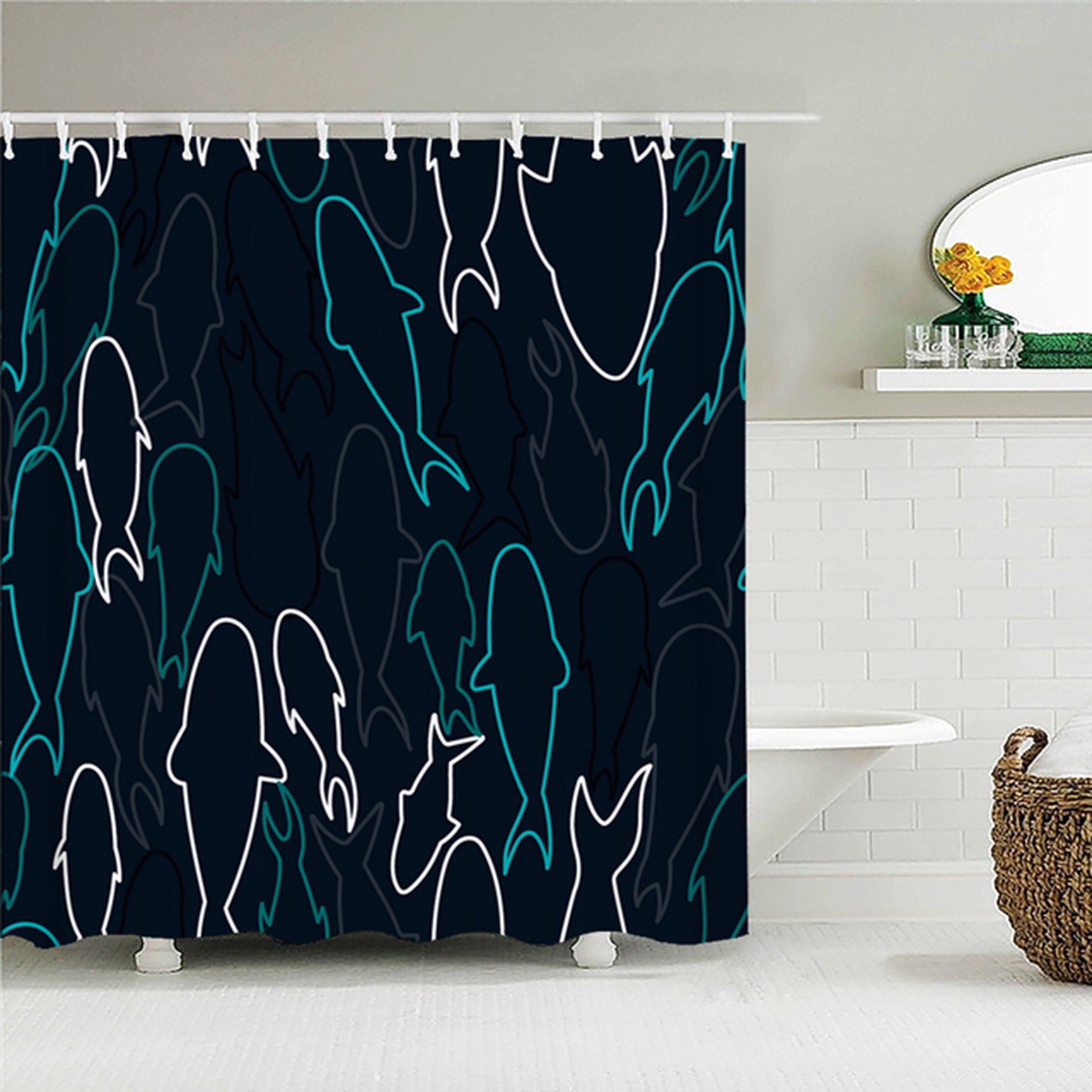 Shark Underwater Shower Curtain | Navy Blue Sea Fish | Home Bathroom Decor | Ocean Theme | Gift for Kids