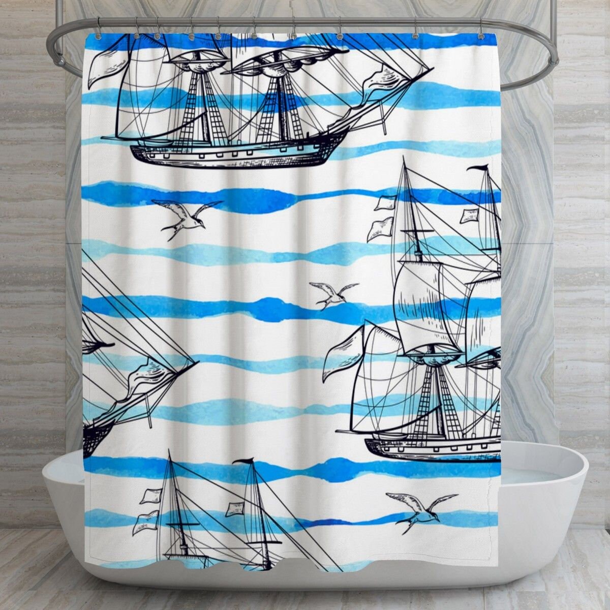 Ship Pattern Nautical Shower Curtain | Old Wooden Ships Coastal Cottage Bath Decor | Cool Bathroom Curtains