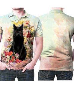 Show off Your Feline Love with Gorgeous Black Cat Floral Pattern 3D All Over Print Polo Shirt