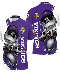 Show off your love for Tim Burton and the Minnesota Vikings Jack Skellington and Zero 3D all over print polo shirt.