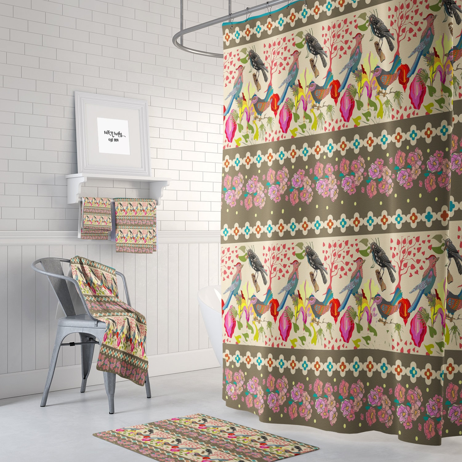 Shower Curtain ,Boho Decor, Bird Pattern, Bath Mat , Towels Option with Unique Shower Curtains Print