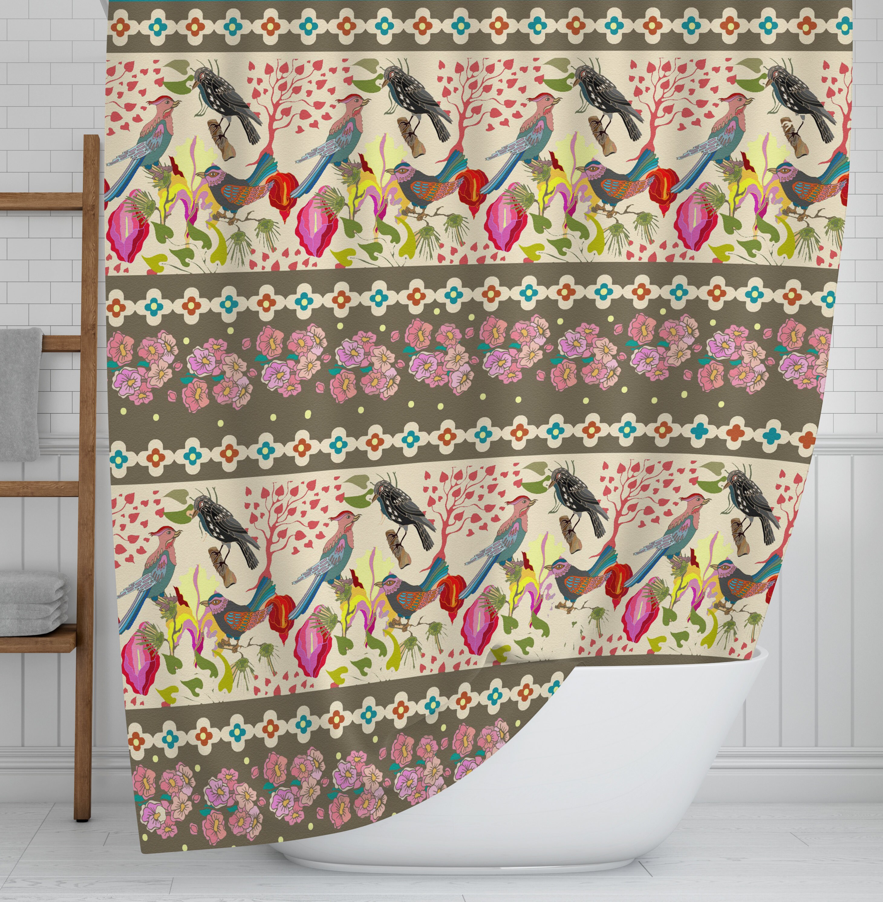 Shower Curtain ,Boho Decor, Bird Pattern, Bath Mat , Towels Option with Unique Shower Curtains Print - Image 2