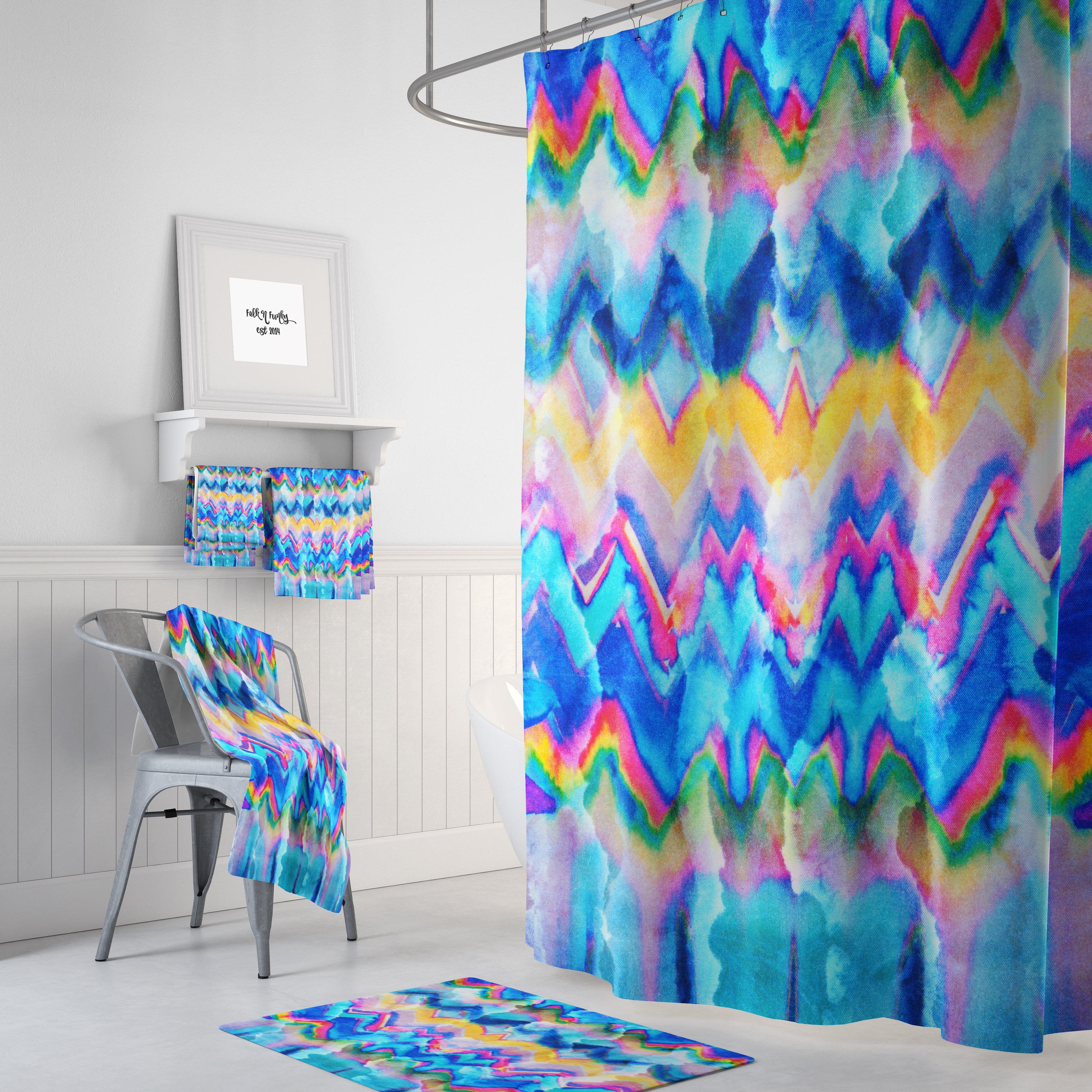 Shower Curtain, Boho Hippie, Faux Tie-Dye, Optional Towels ,Bath Mat, Colorful Bathroom Decor
