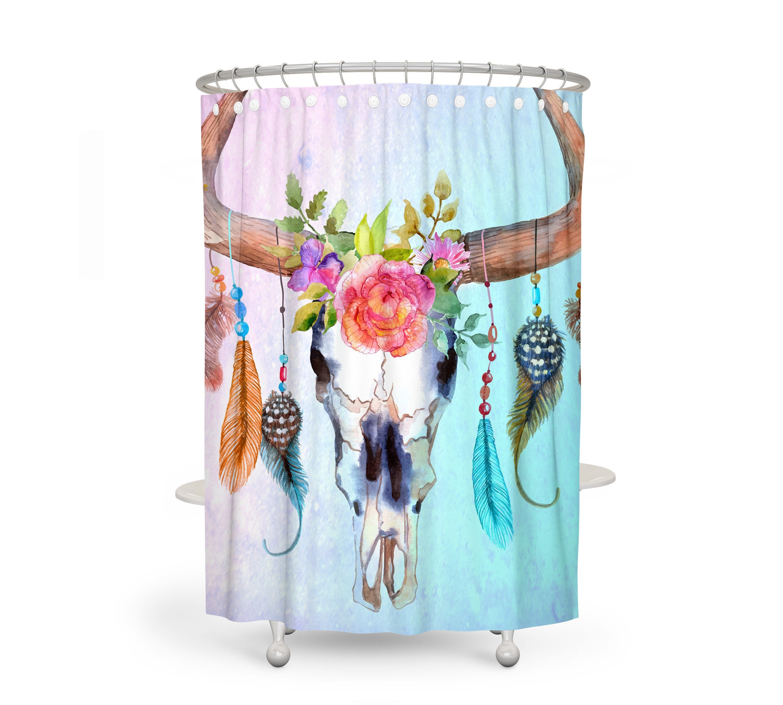 Shower Curtain, Bull Skull, Pastel Floral, Dreamcatcher ,Boho Shower Curtains, Bath Towels - Image 2