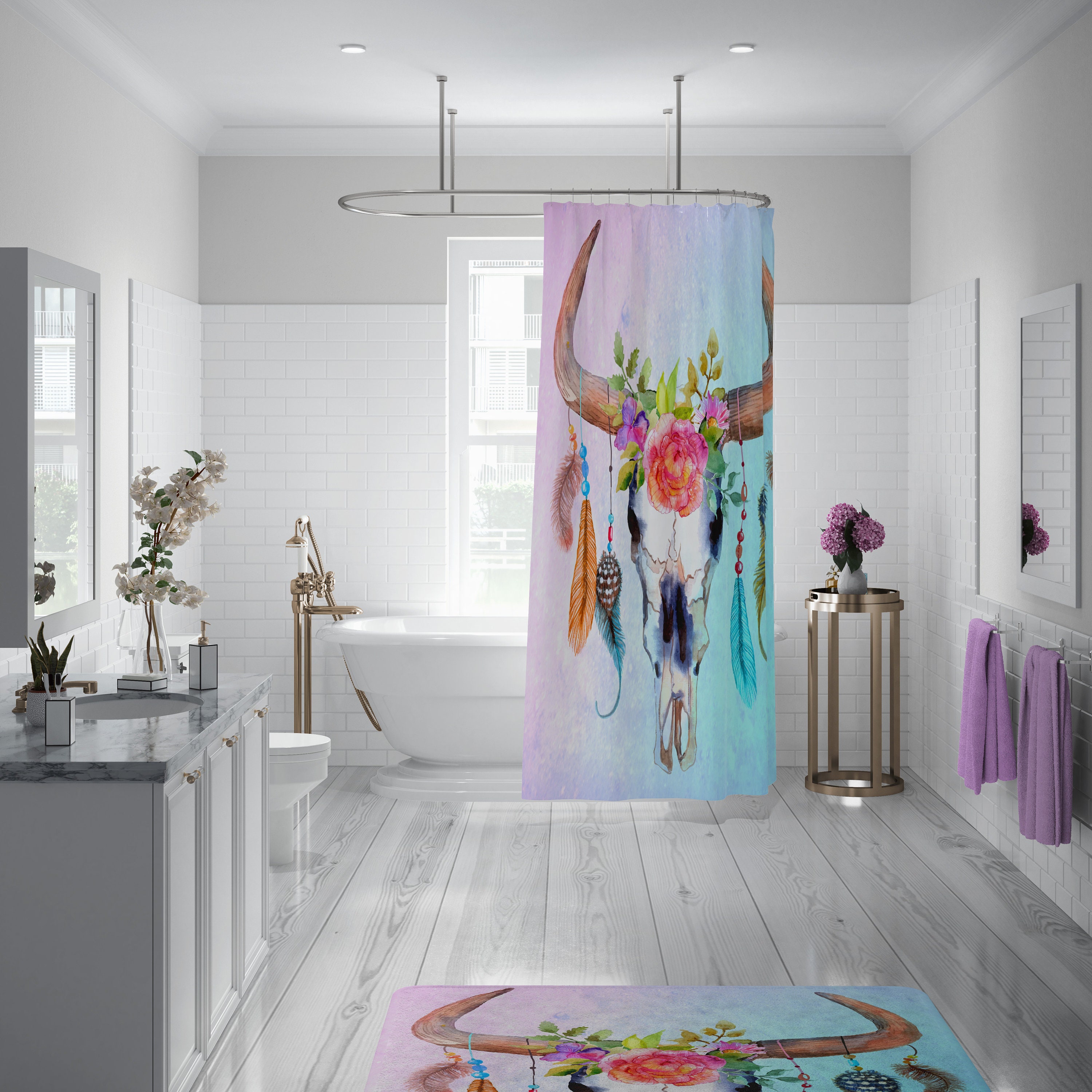Shower Curtain, Bull Skull, Pastel Floral, Dreamcatcher ,Boho Shower Curtains, Bath Towels - Image 3
