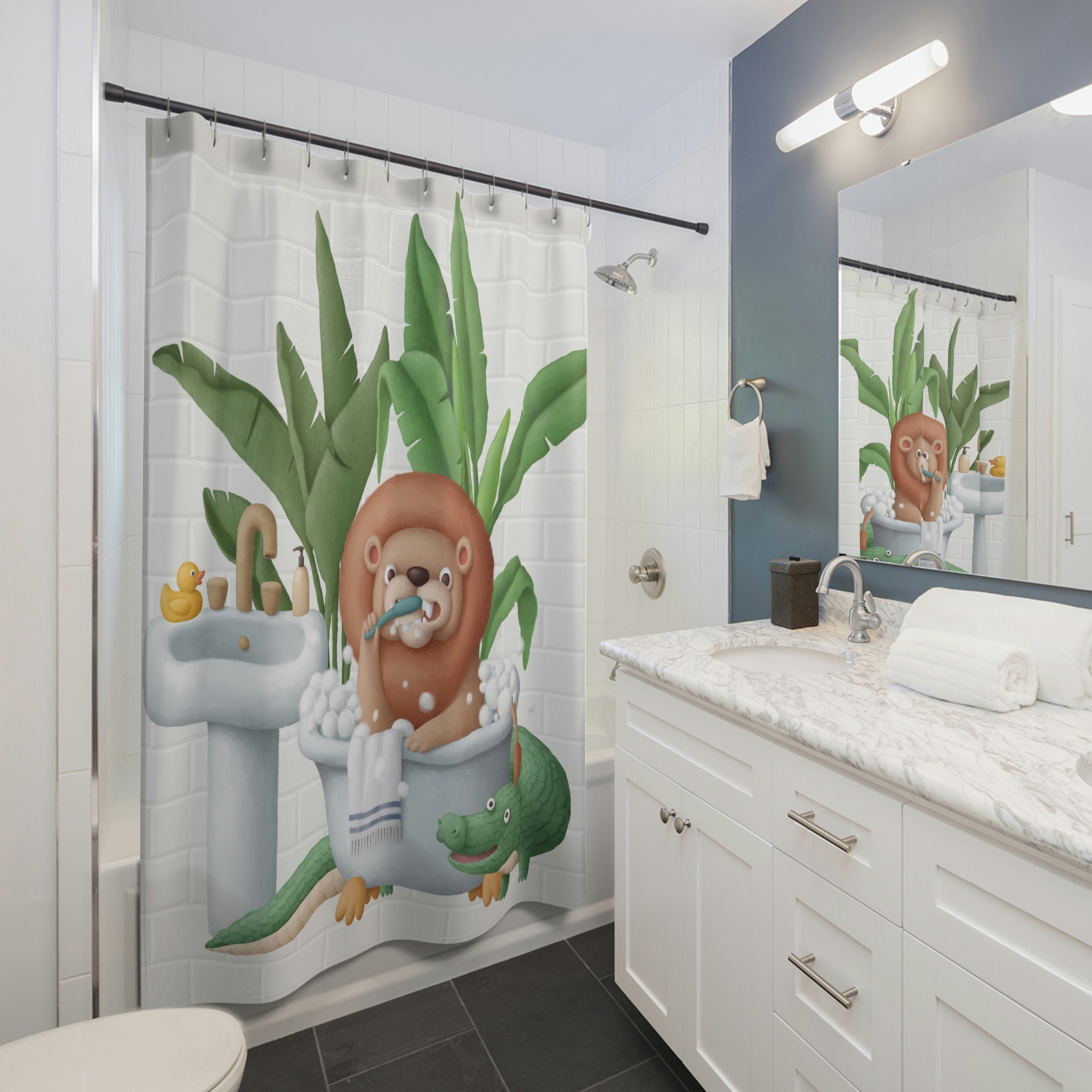 Shower Curtain Funny Lion for Kids Bathroom - Animal Bathroom Decor & Housewarming Gift Included - Image 2