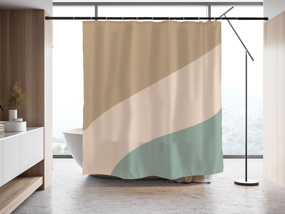 Sideling Shower Curtain, Modern Art Bathroom Decor with Abstract Light Brown Beige Green Design, Custom Sizes Available - Image 2