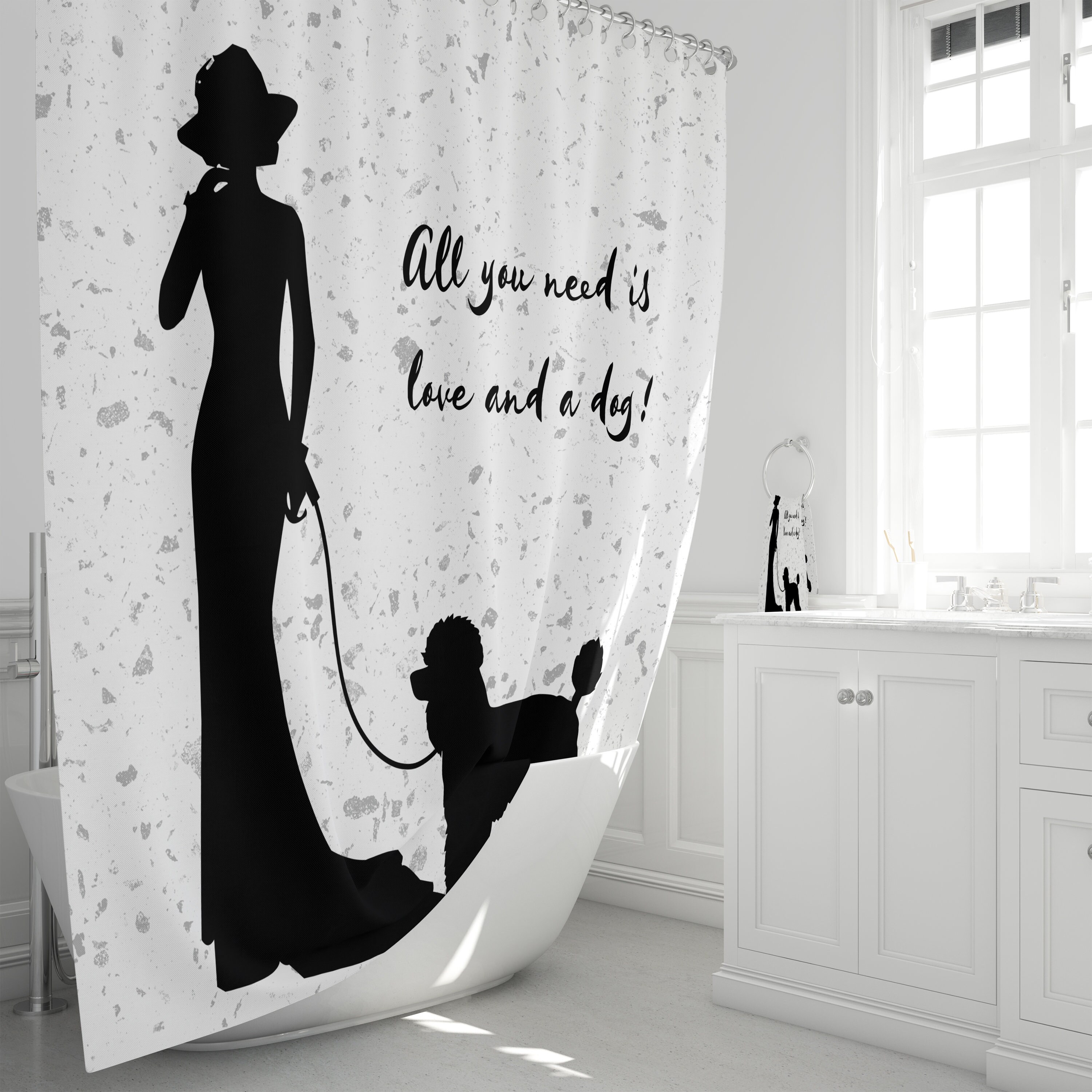Silhouette Shower Curtain Set with All You Need Is Love and A Dog Bath Mat and Towels for a Pet-Friendly Bathroom Decor