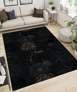 Simple Black 3D Lotus Flower Area Rugs with Rug Pad Fine Pile High Density for Living Room, Study, and Kitchen