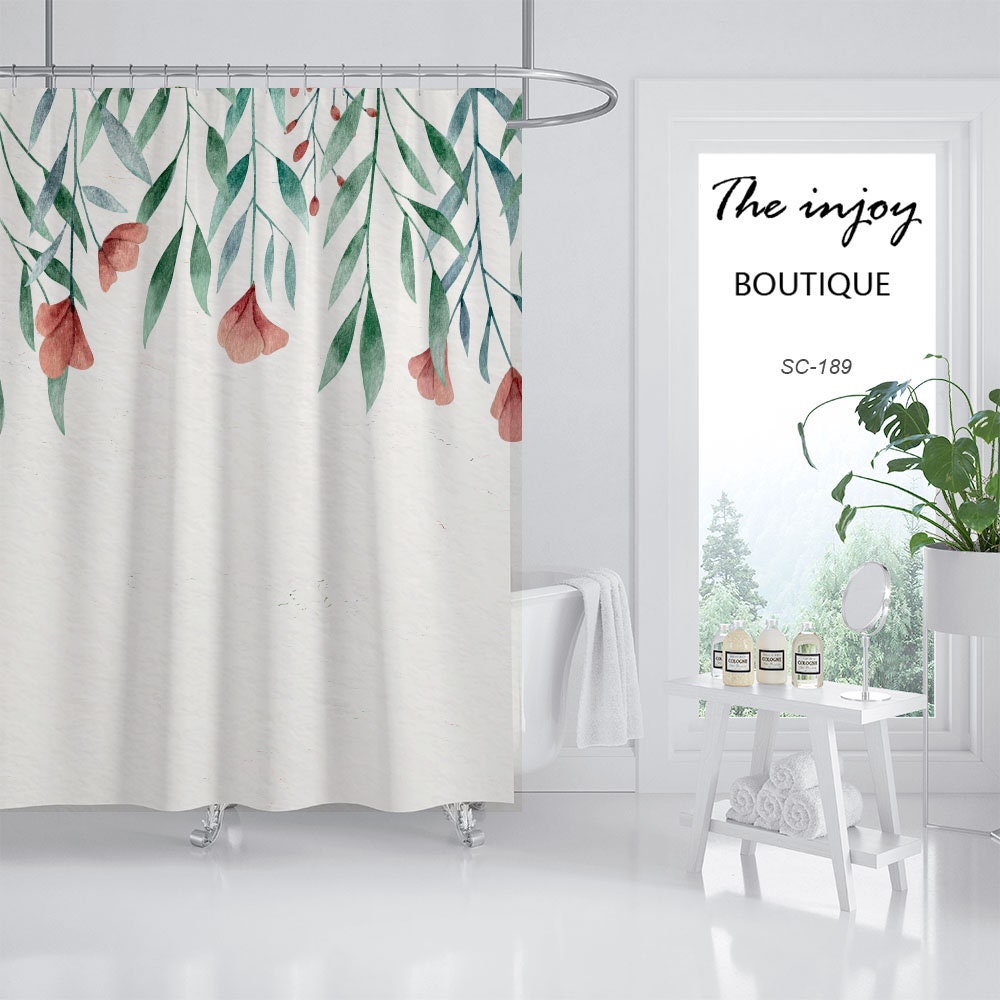 Simple Flowers Shower Curtain, Customizable Size, Plant Floral Bathroom Decor - Image 2