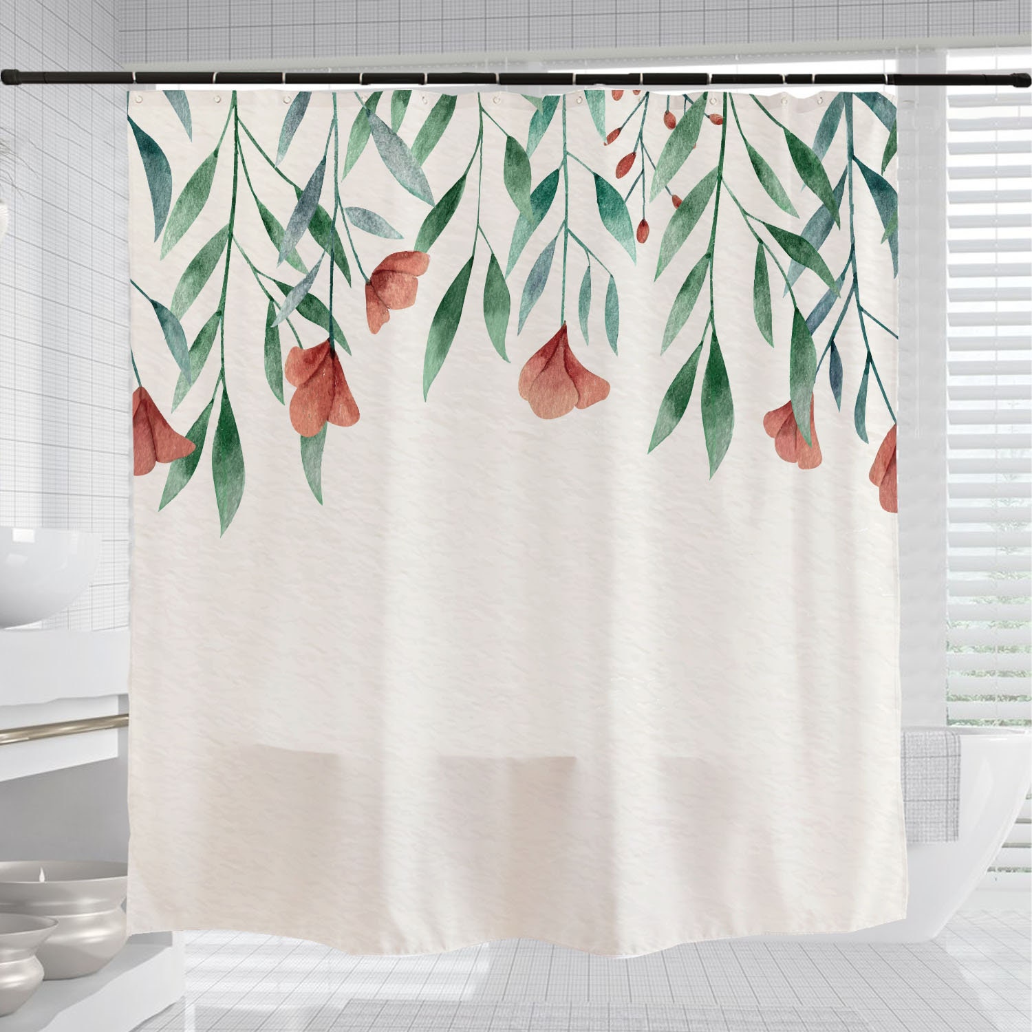 Simple Flowers Shower Curtain, Customizable Size, Plant Floral Bathroom Decor - Image 3