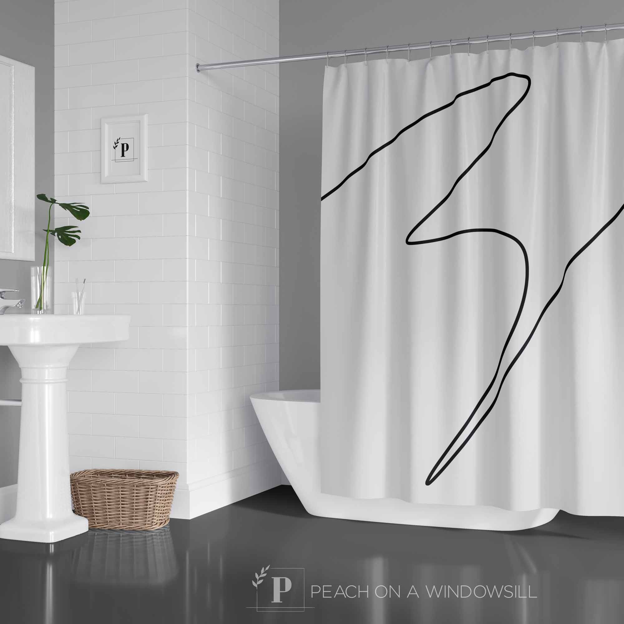Simple One Line Abstract Shower Curtain Modern Minimalist Bath Curtain for Abstract Black and White Bathroom Decor
