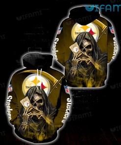 Skeleton Holding Card Logo - Black Steelers 3D All Over Print Hoodie