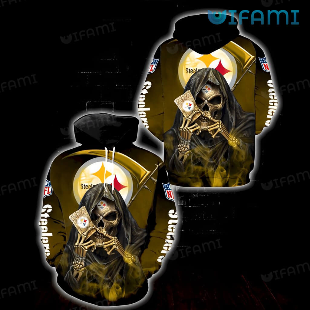 Skeleton Holding Card Logo - Black Steelers 3D All Over Print Hoodie