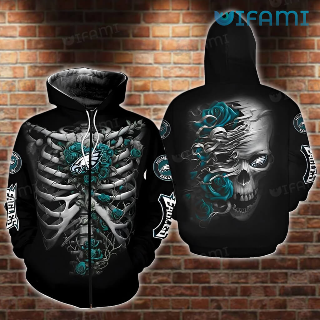Skeleton Roses Logo Philadelphia Eagles 3D Zip Up Hoodie with Custom Print