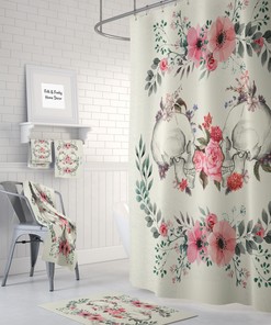 Skull Bathroom Decor with Floral and Beige Pink Shower Curtain