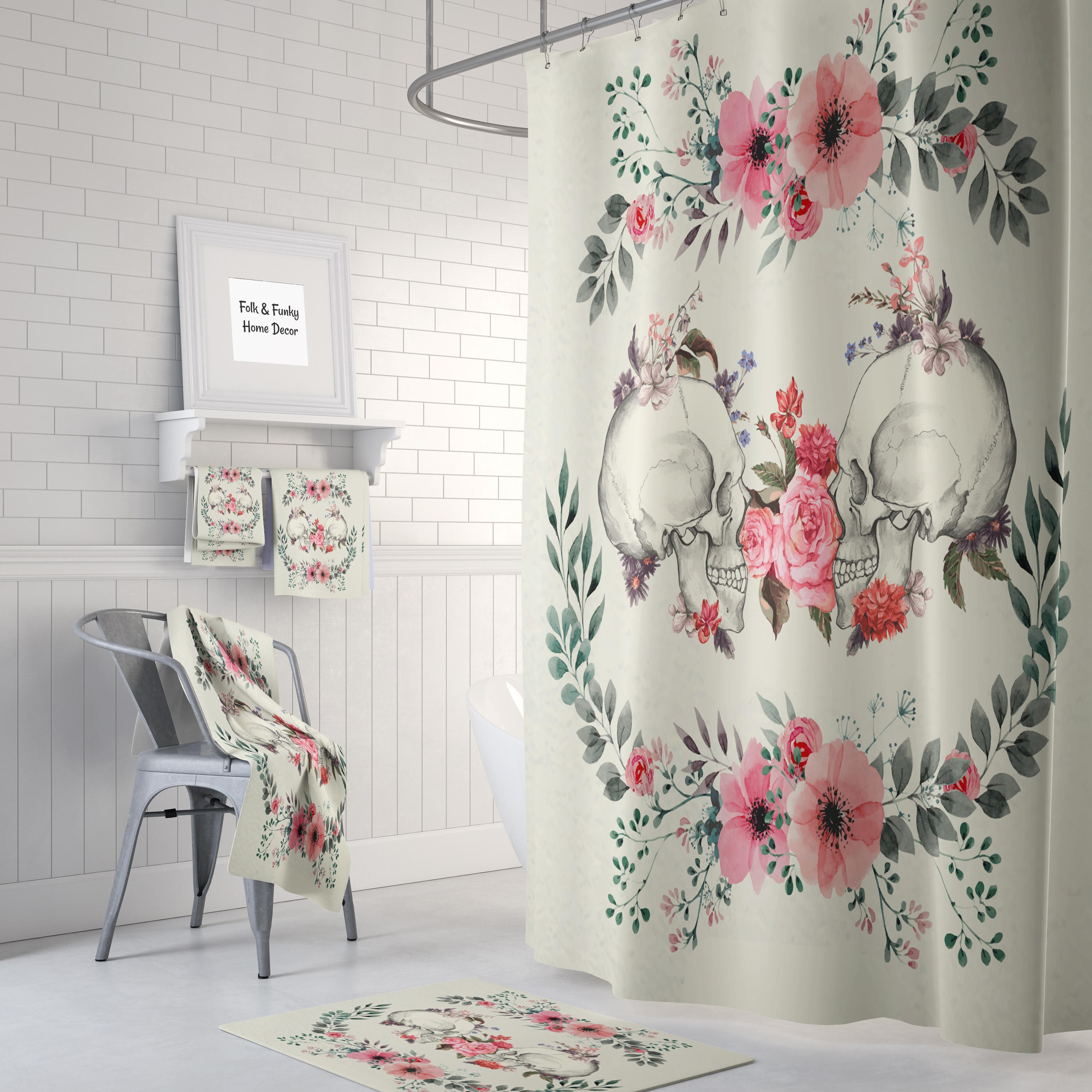 Skull Bathroom Decor with Floral and Beige Pink Shower Curtain