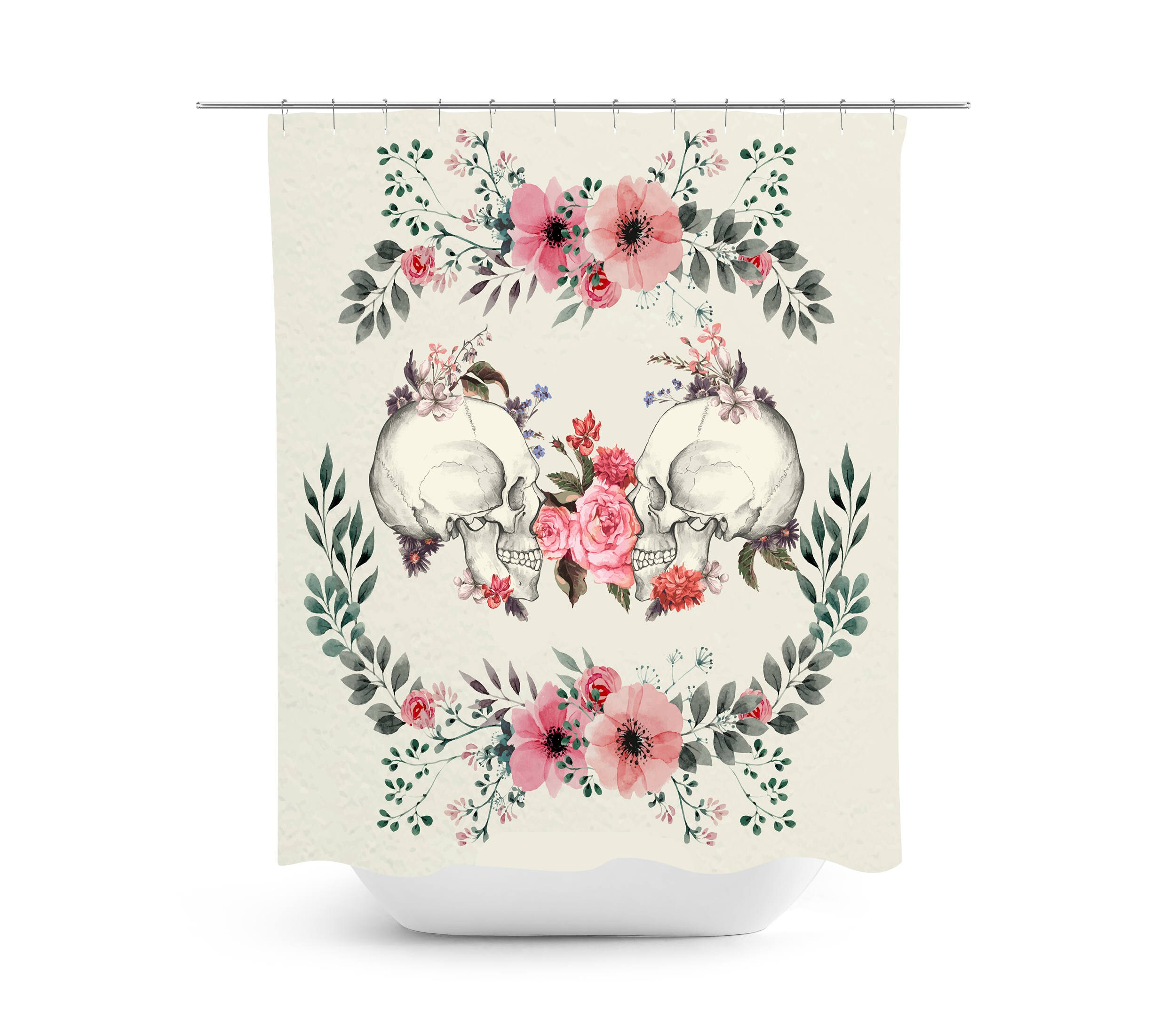 Skull Bathroom Decor with Floral and Beige Pink Shower Curtain - Image 2