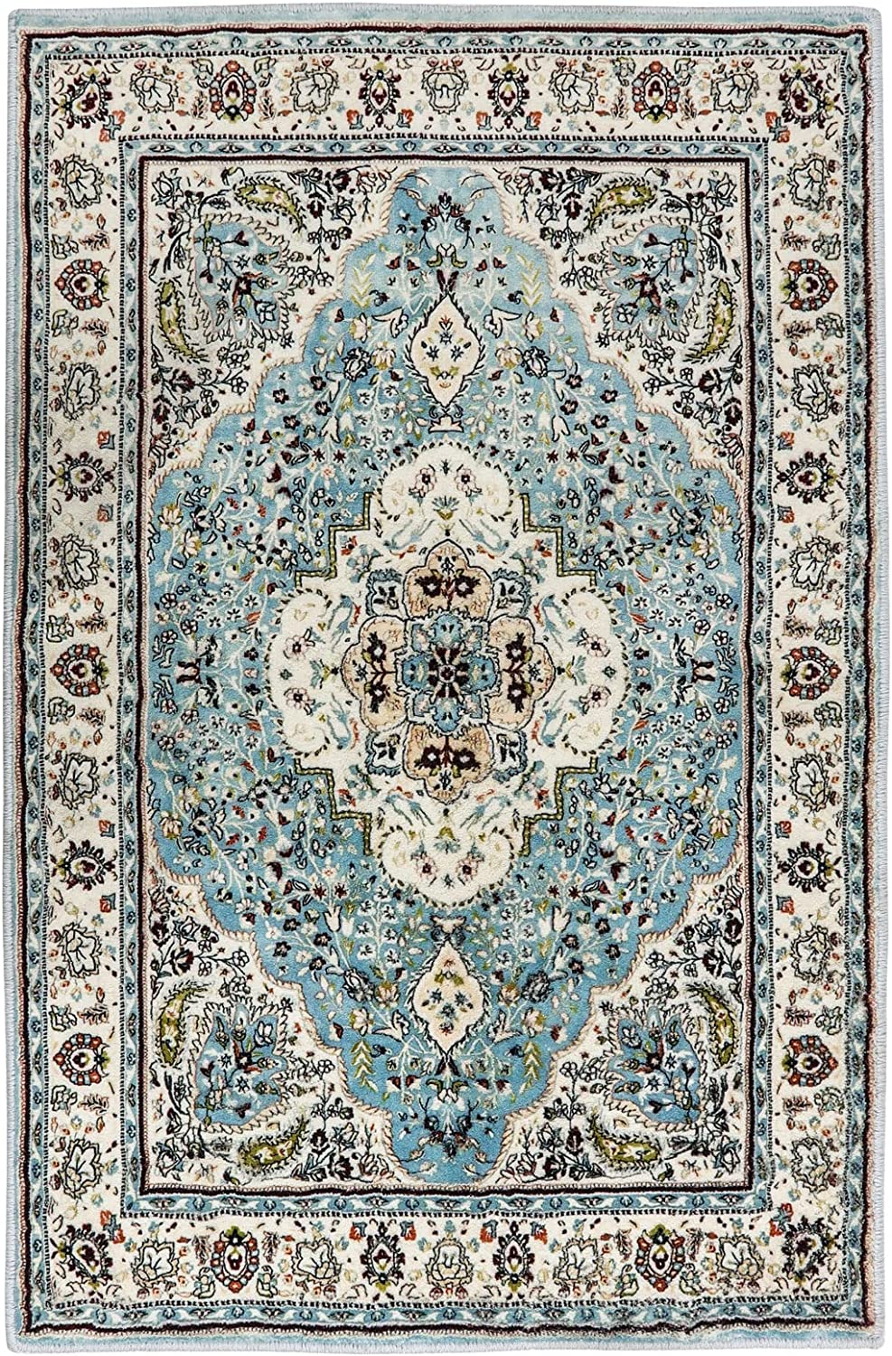 Sky/Baby Blue Persian Floral Medallion Area Rug with Vortex Rugs for Living Room - Washable Non-Slip Carpet