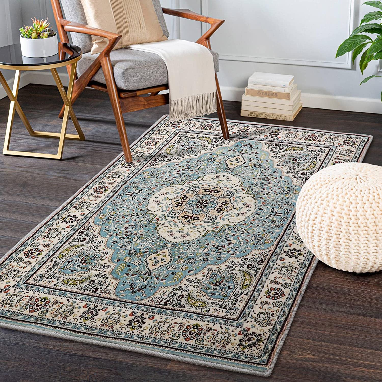 Sky/Baby Blue Persian Floral Medallion Area Rug with Vortex Rugs for Living Room - Washable Non-Slip Carpet - Image 2
