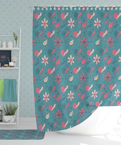Snail & Floral Shower Curtain | Blue Pink Fabric Bathroom Curtain Set | Home Bathroom Decor