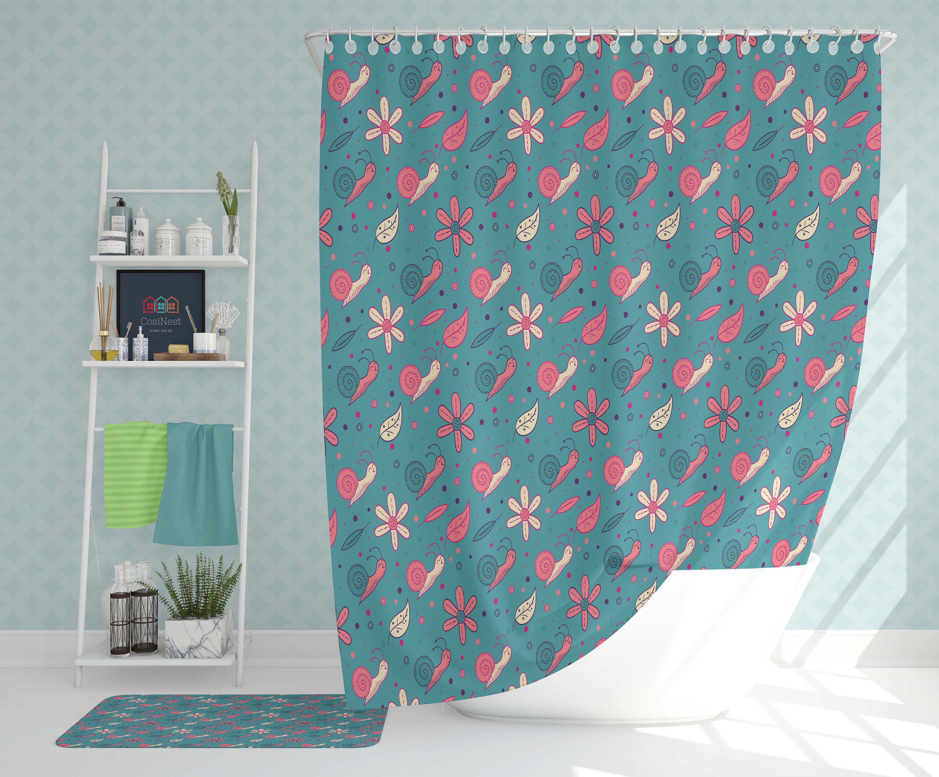 Snail & Floral Shower Curtain | Blue Pink Fabric Bathroom Curtain Set | Home Bathroom Decor