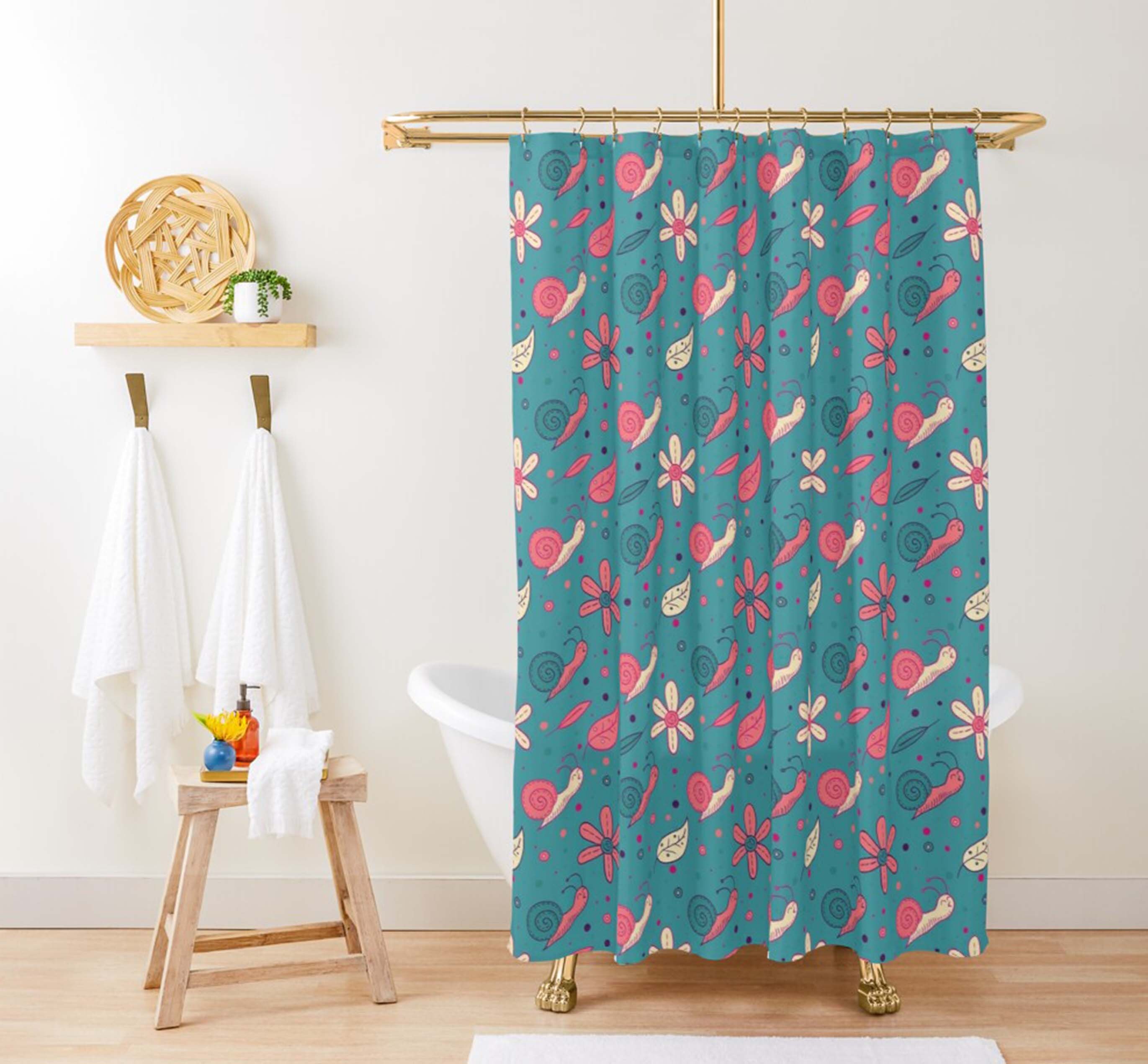 Snail & Floral Shower Curtain | Blue Pink Fabric Bathroom Curtain Set | Home Bathroom Decor - Image 2