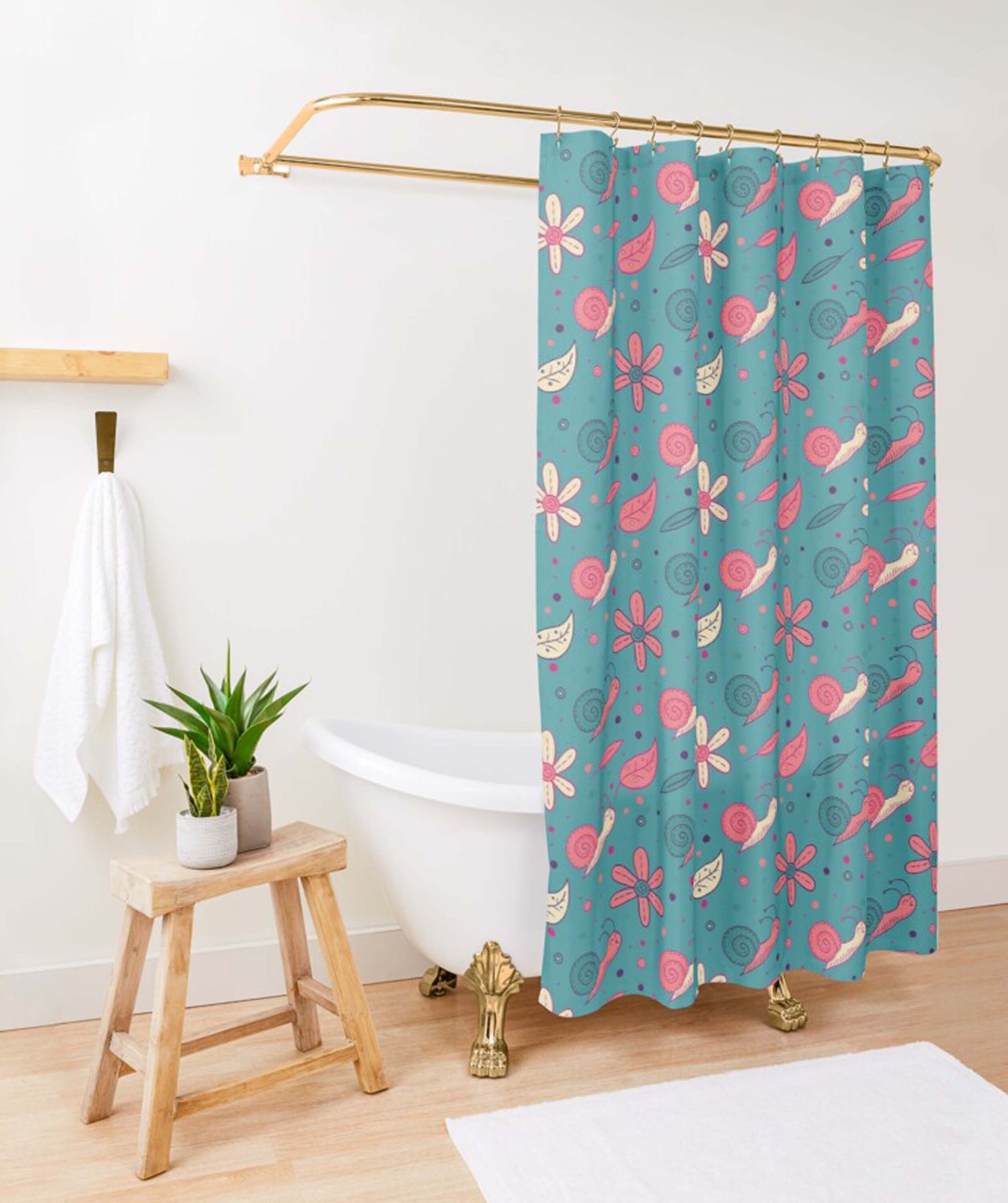 Snail & Floral Shower Curtain | Blue Pink Fabric Bathroom Curtain Set | Home Bathroom Decor - Image 3