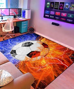 Soccerball Carpets for Kids - Soccer Ball Printed Court Sport Area Rug for Boys Room