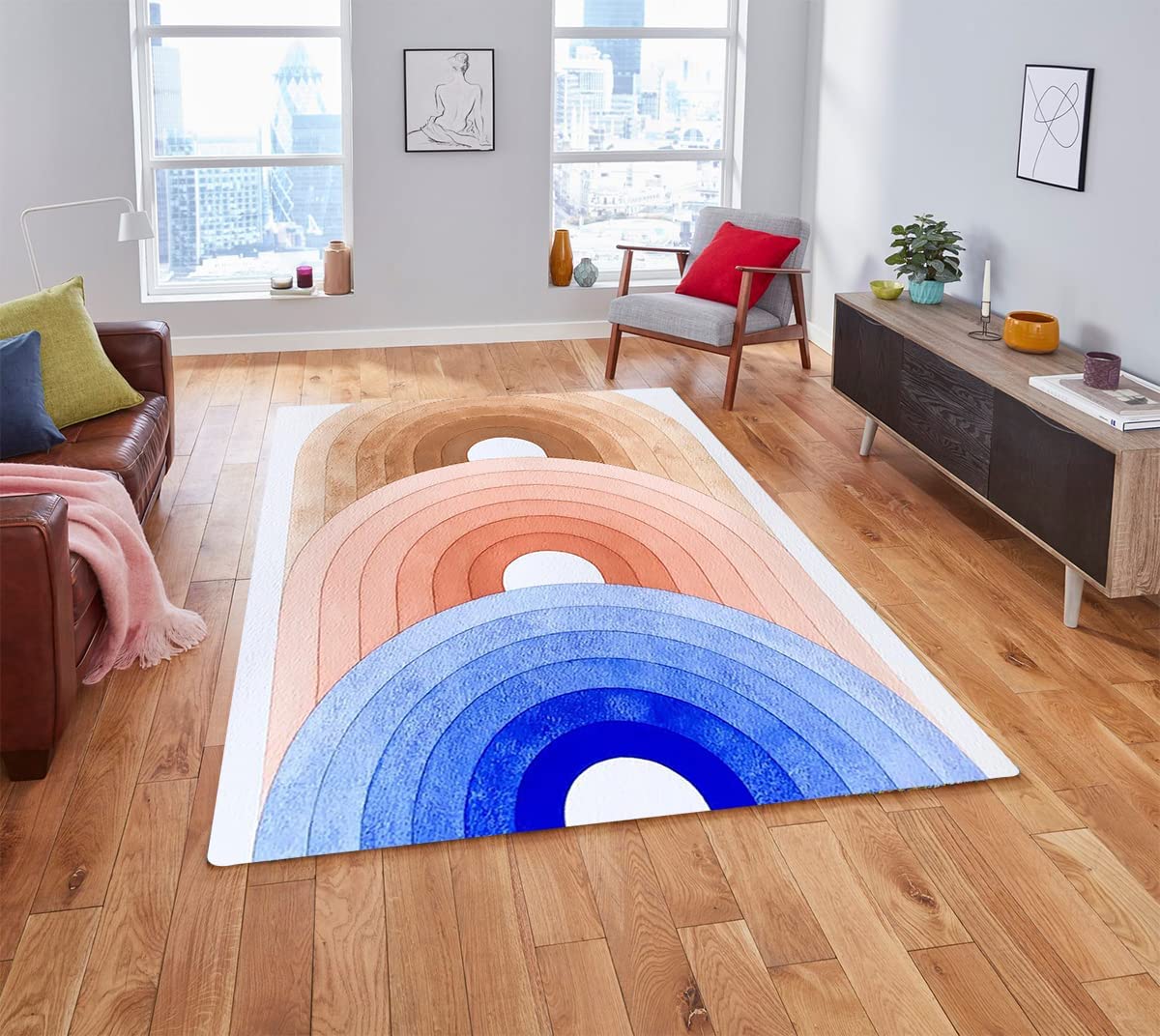 Soft Wool Shag Washable Area Rug - Non-Slip Blue Pink Brown Modern Abstract Art Deco with Style 70s Decor - Image 2