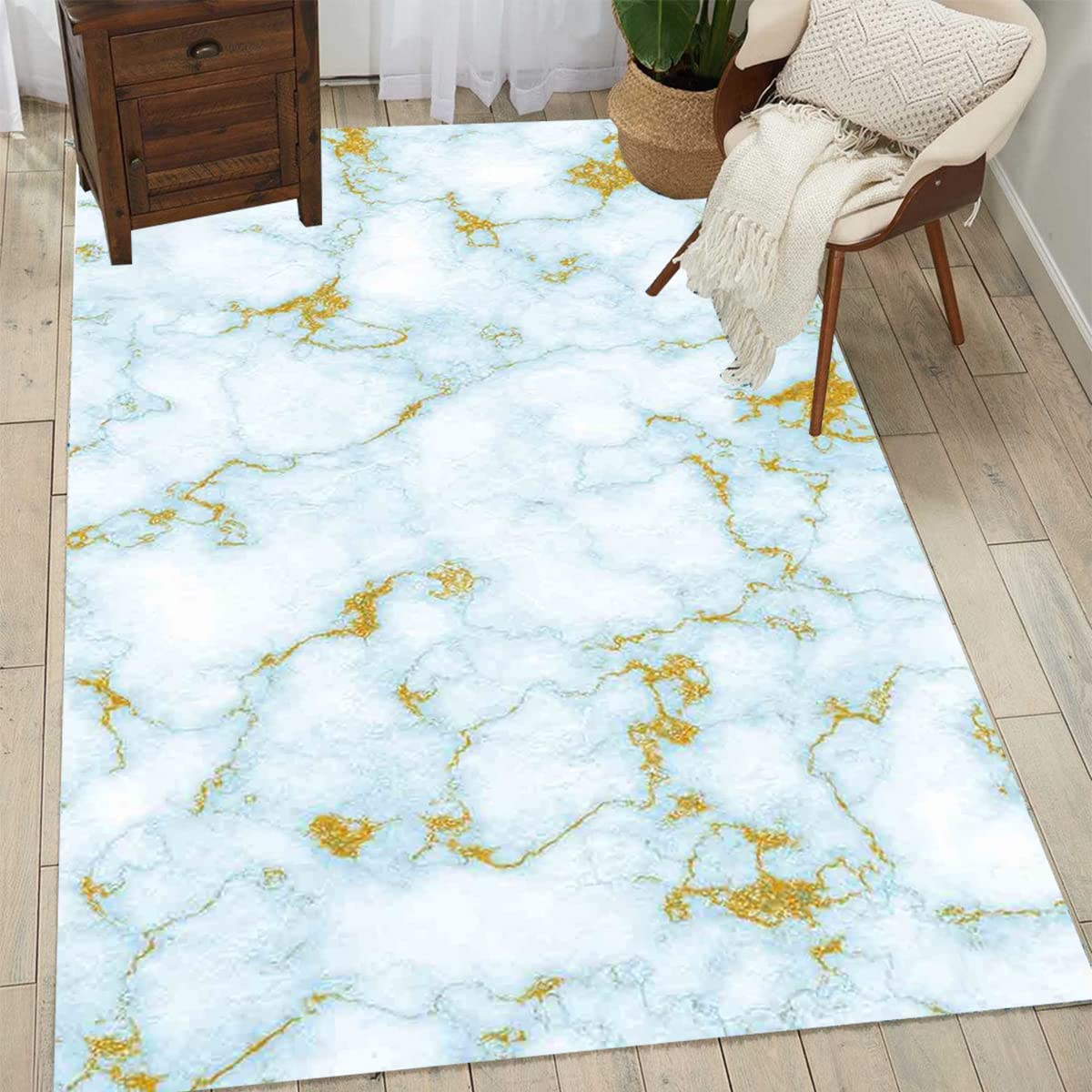 Soft Wool Stain Resistant Blue Gold Marble Abstract Area Rug with 70s Flair for Living Room or Bedroom - Image 2