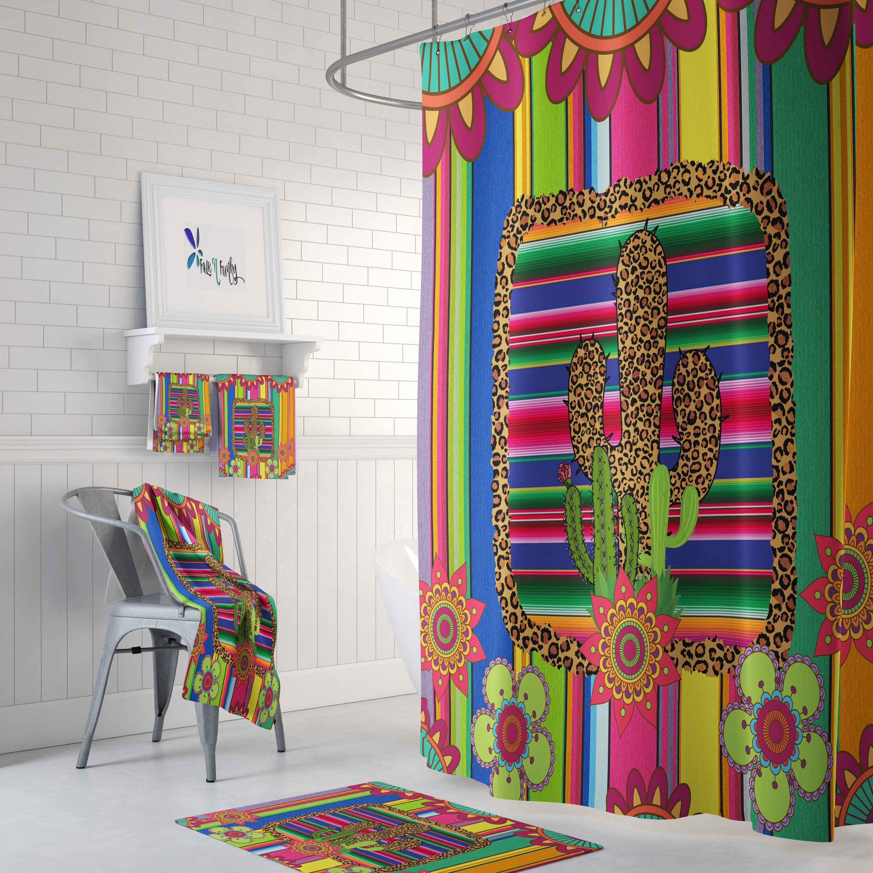 Southwest Serape Cactus Shower Curtain Set with Optional Bath Mat and Towels