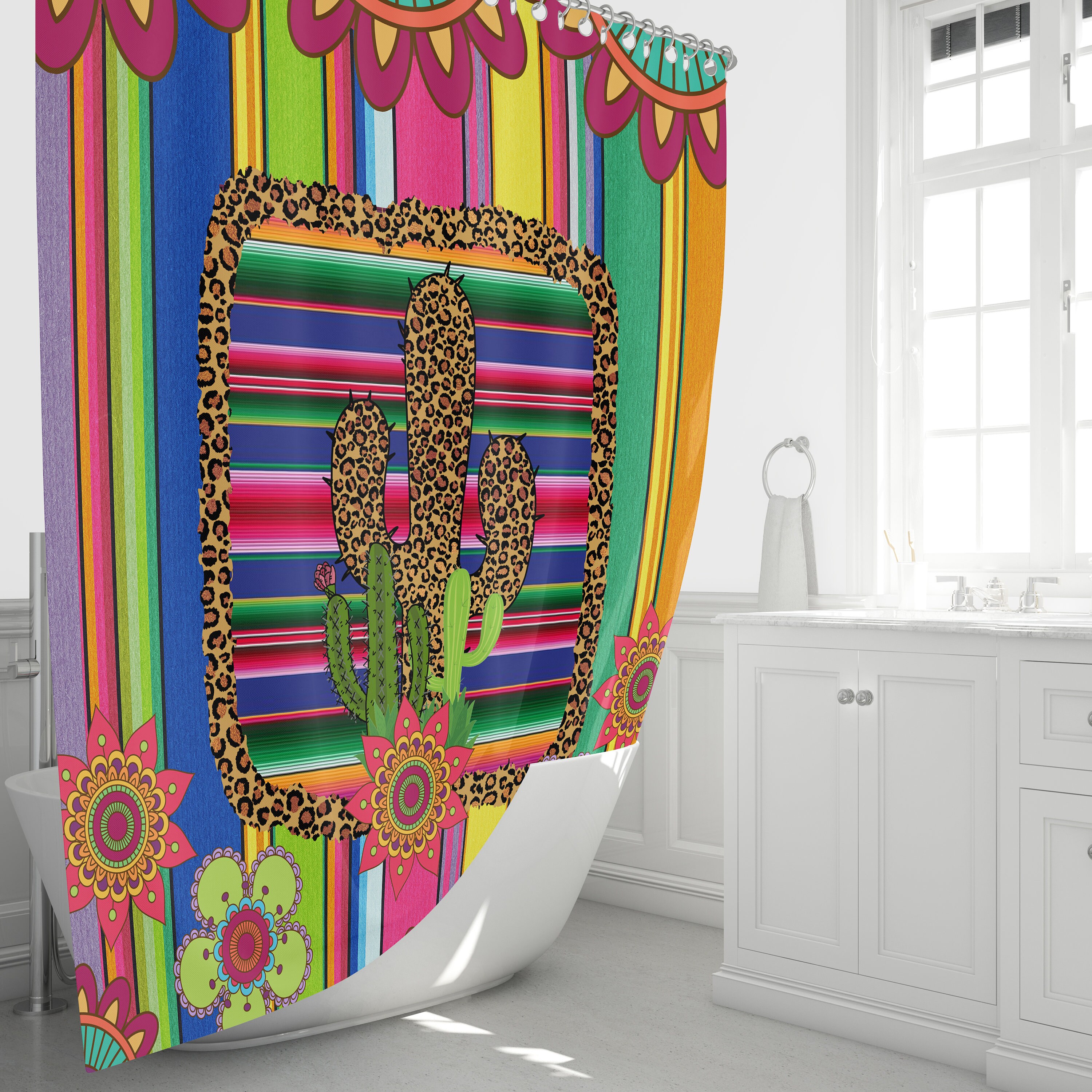 Southwest Serape Cactus Shower Curtain Set with Optional Bath Mat and Towels - Image 2