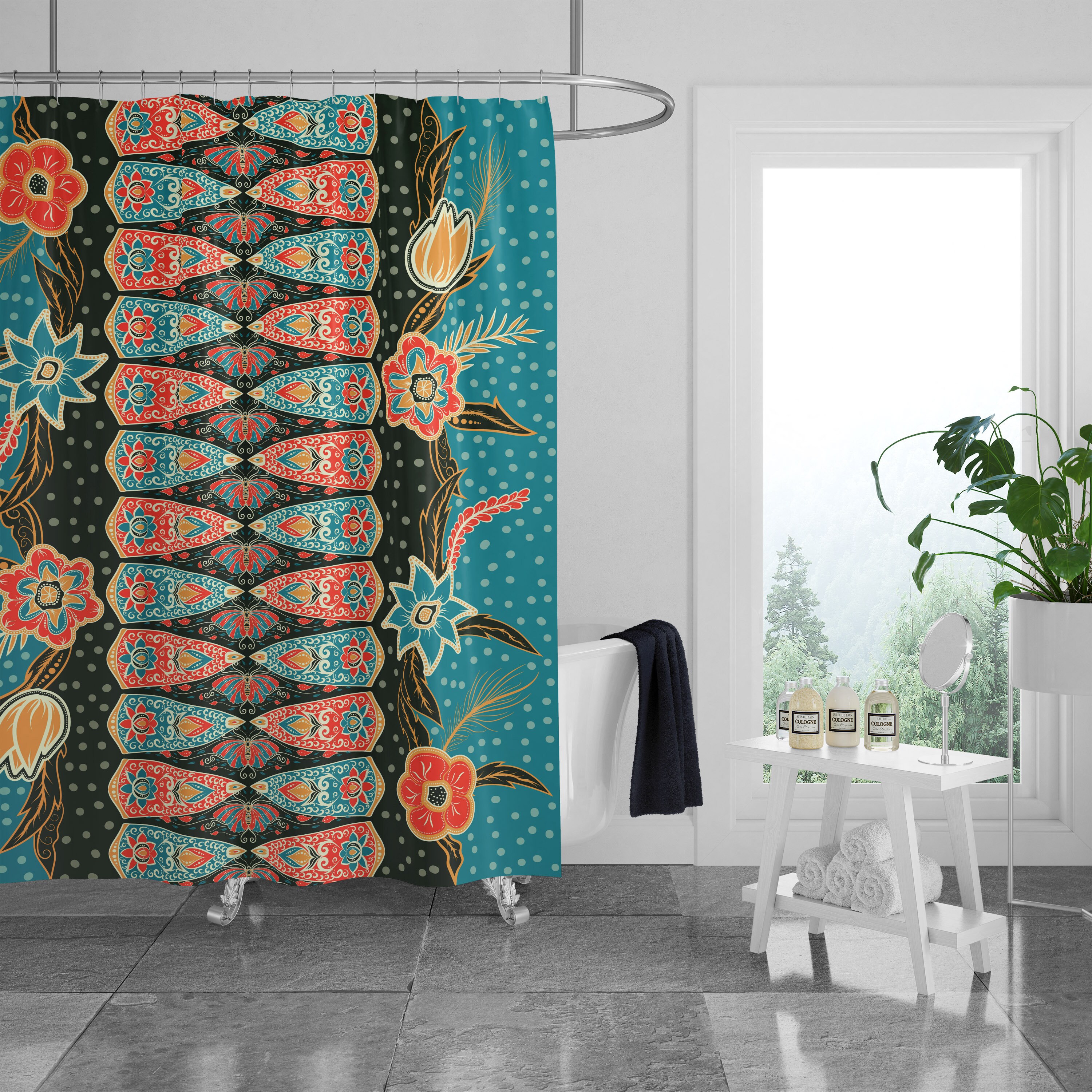 Southwest Turquoise Boho Shower Curtain with Optional Towels and Mat for Unique Bathroom Decor