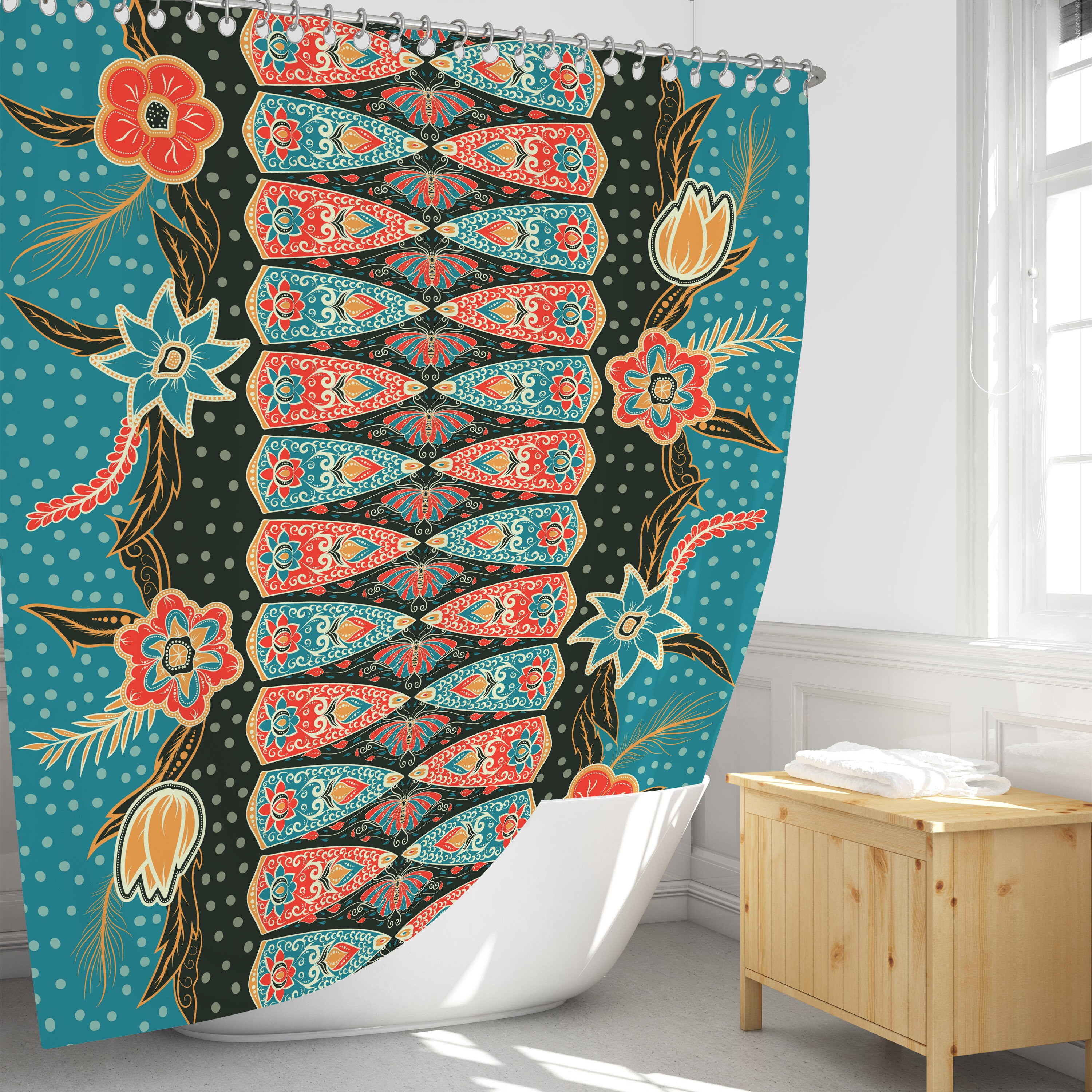 Southwest Turquoise Boho Shower Curtain with Optional Towels and Mat for Unique Bathroom Decor - Image 3