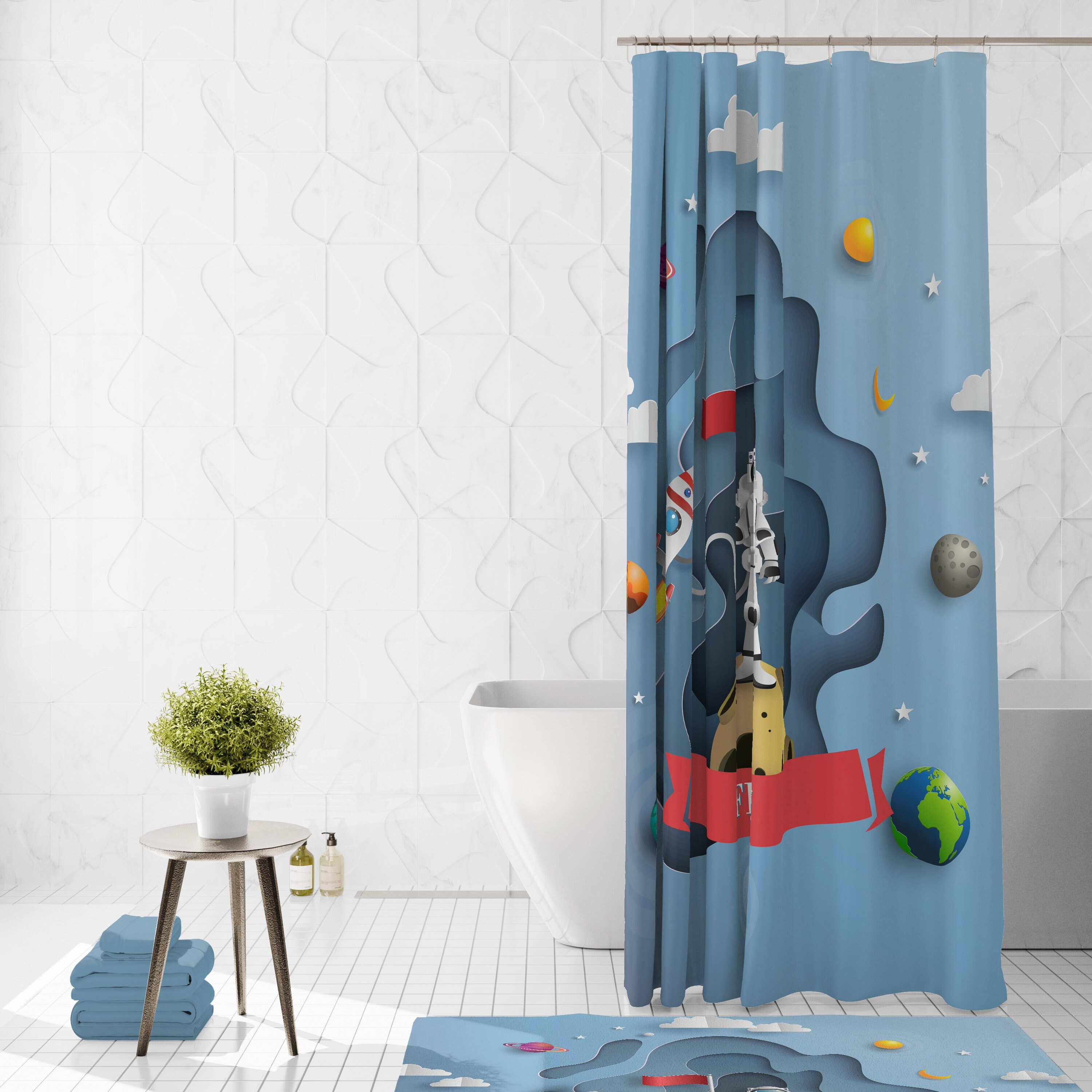 Space Theme Shower Curtain with Galaxy Bath Set - Image 2