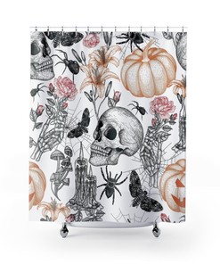 Spooky Art Shower Curtain | Halloween Bathroom Decor, Design, Skull Pumpkin Flower Art, Spider Halloween Print