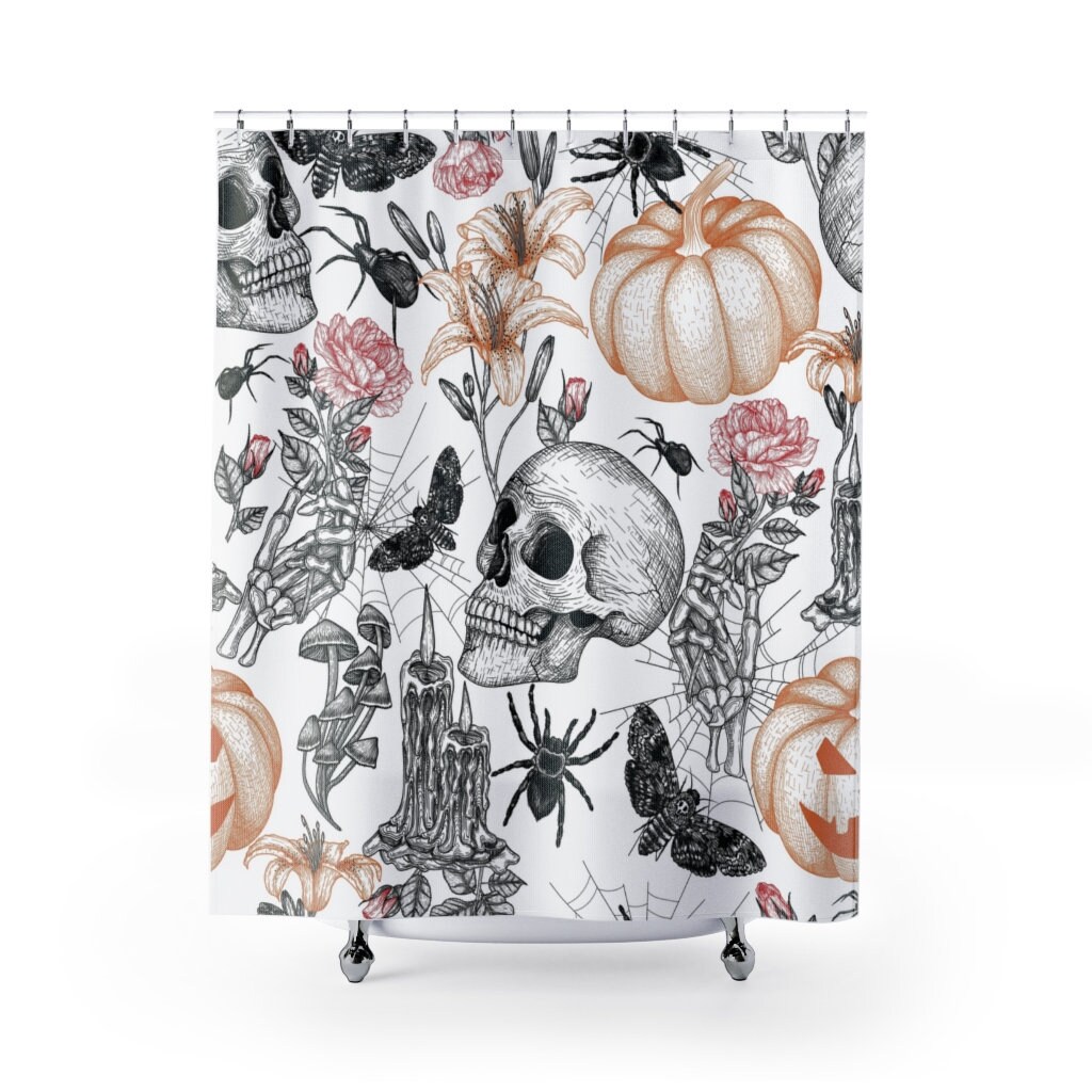 Spooky Art Shower Curtain | Halloween Bathroom Decor, Design, Skull Pumpkin Flower Art, Spider Halloween Print