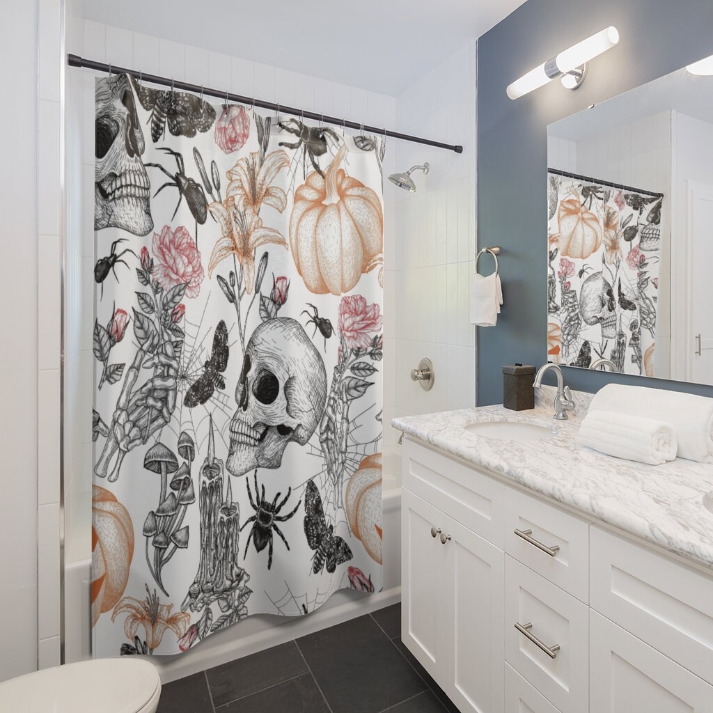 Spooky Art Shower Curtain | Halloween Bathroom Decor, Design, Skull Pumpkin Flower Art, Spider Halloween Print - Image 2