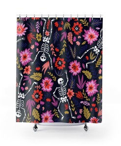 Spooky Skull Flower Shower Curtain | Halloween Bathroom Decor, Design, Skull Flower Art, Halloween Print Gift Idea