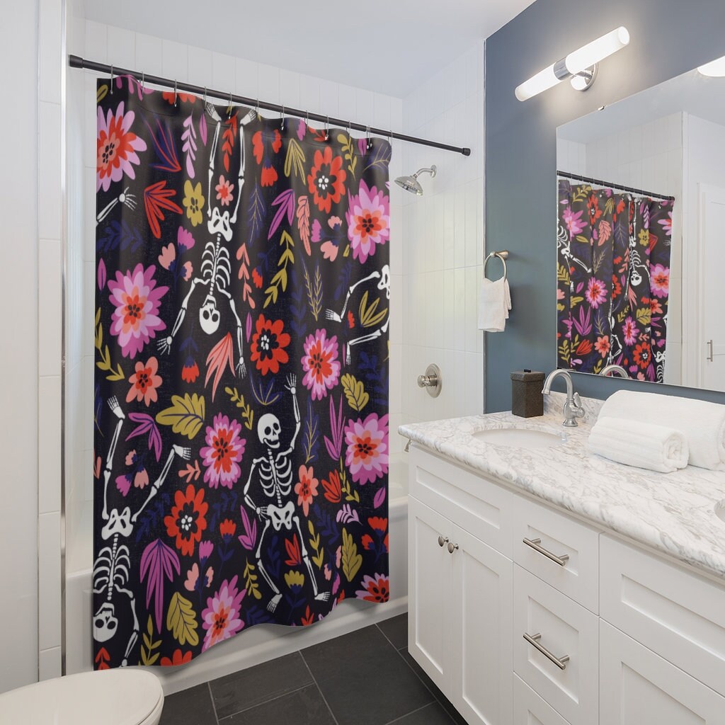 Spooky Skull Flower Shower Curtain | Halloween Bathroom Decor, Design, Skull Flower Art, Halloween Print Gift Idea - Image 2