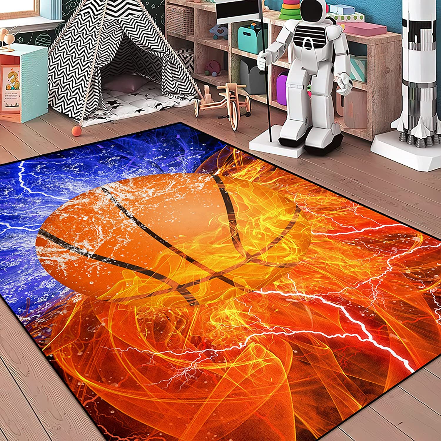 Sports Hipster Basketball Ball Rug for Boys Room - Unique Basketball Room Decor for Living Room or Bedroom - Image 2