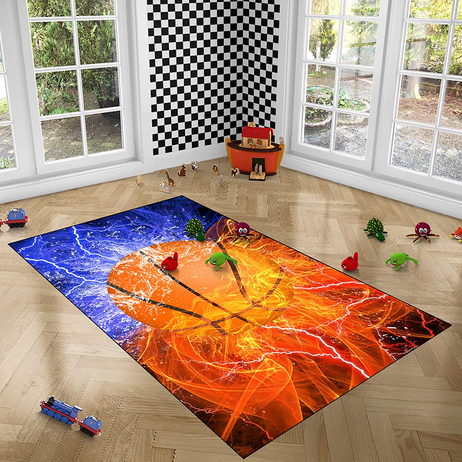 Sports Hipster Basketball Ball Rug for Boys Room - Unique Basketball Room Decor for Living Room or Bedroom - Image 3